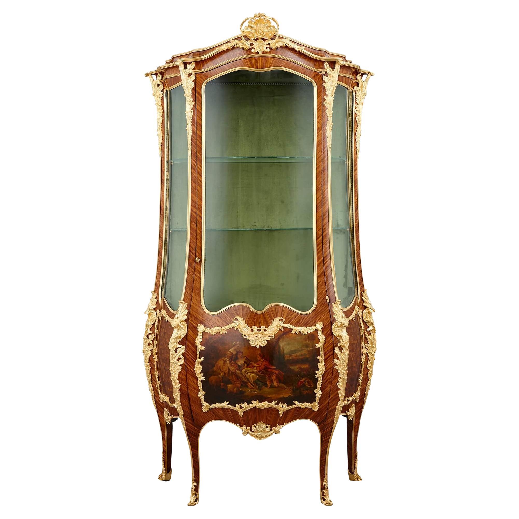 Louis XV Style Gilt-Bronze Mounted Vernis Martin and Parquetry Vitrine For Sale