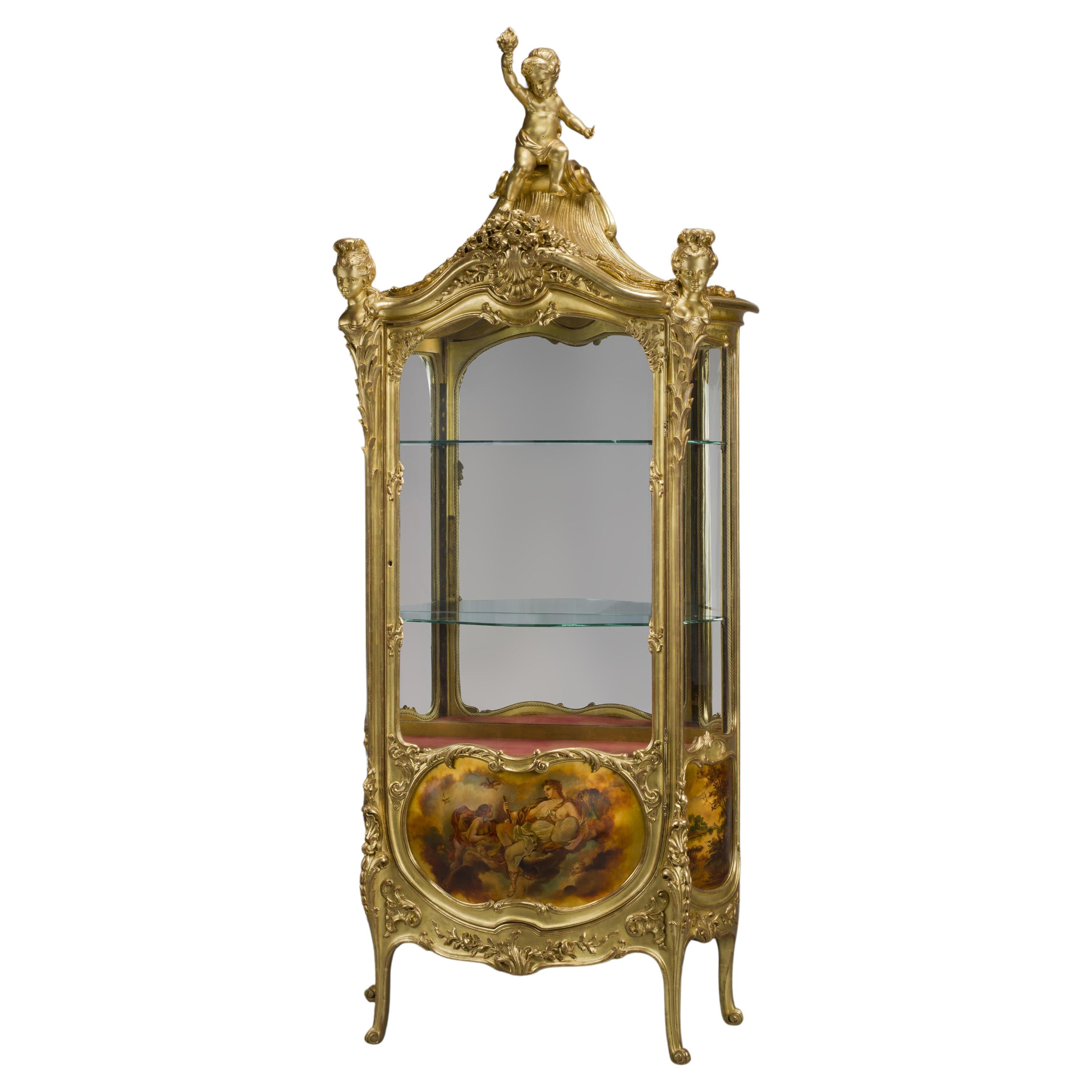 Vitrine de style Louis XV en bois doré avec panneaux Vernis Martin
