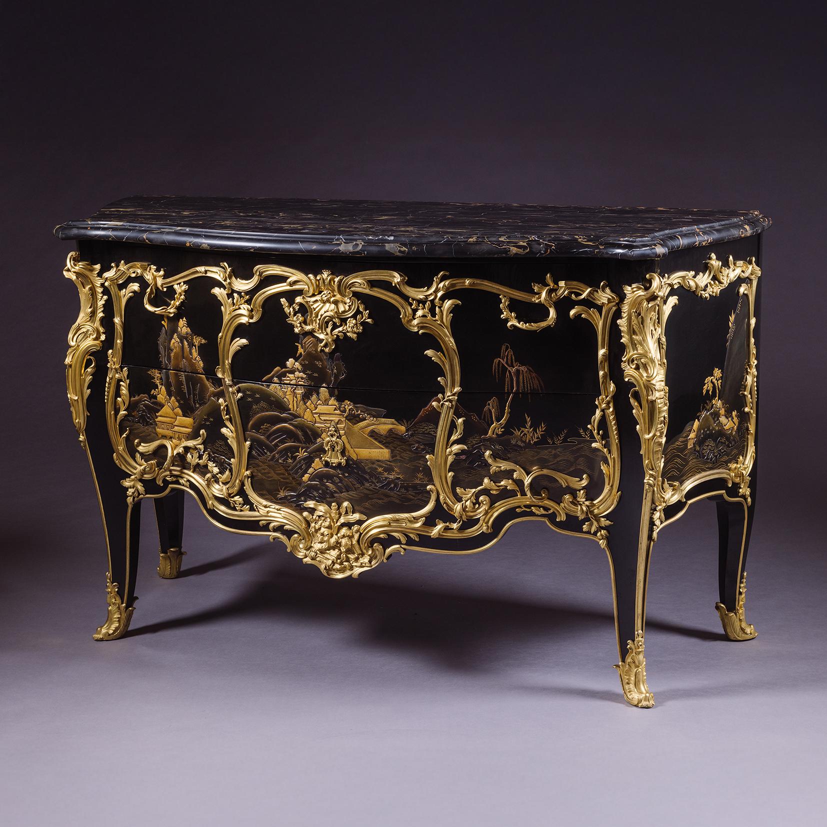 An Important Louis XV Style Gilt-Bronze Mounted Lacquer Commode, by Maxime Secrétant, Paris. 

Of bombé outshape with Portor marble top. The front with two deep drawers and applied with superb gilt-bronze foliate and rocaille mounts. The whole