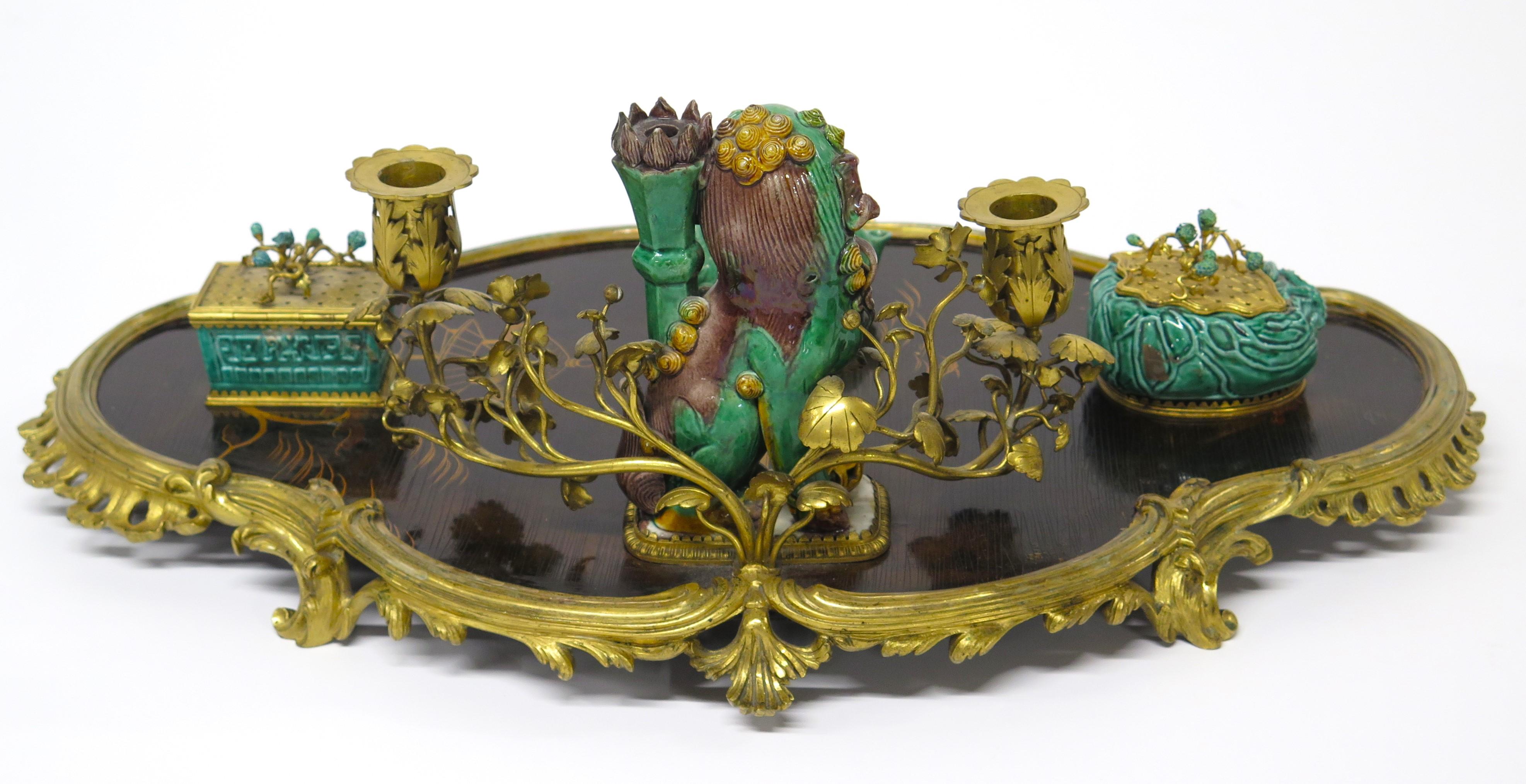 Hand-Crafted A Louis XV-Style Lacquer, Porcelain and Gilt Bronze-Mounted Encrier For Sale