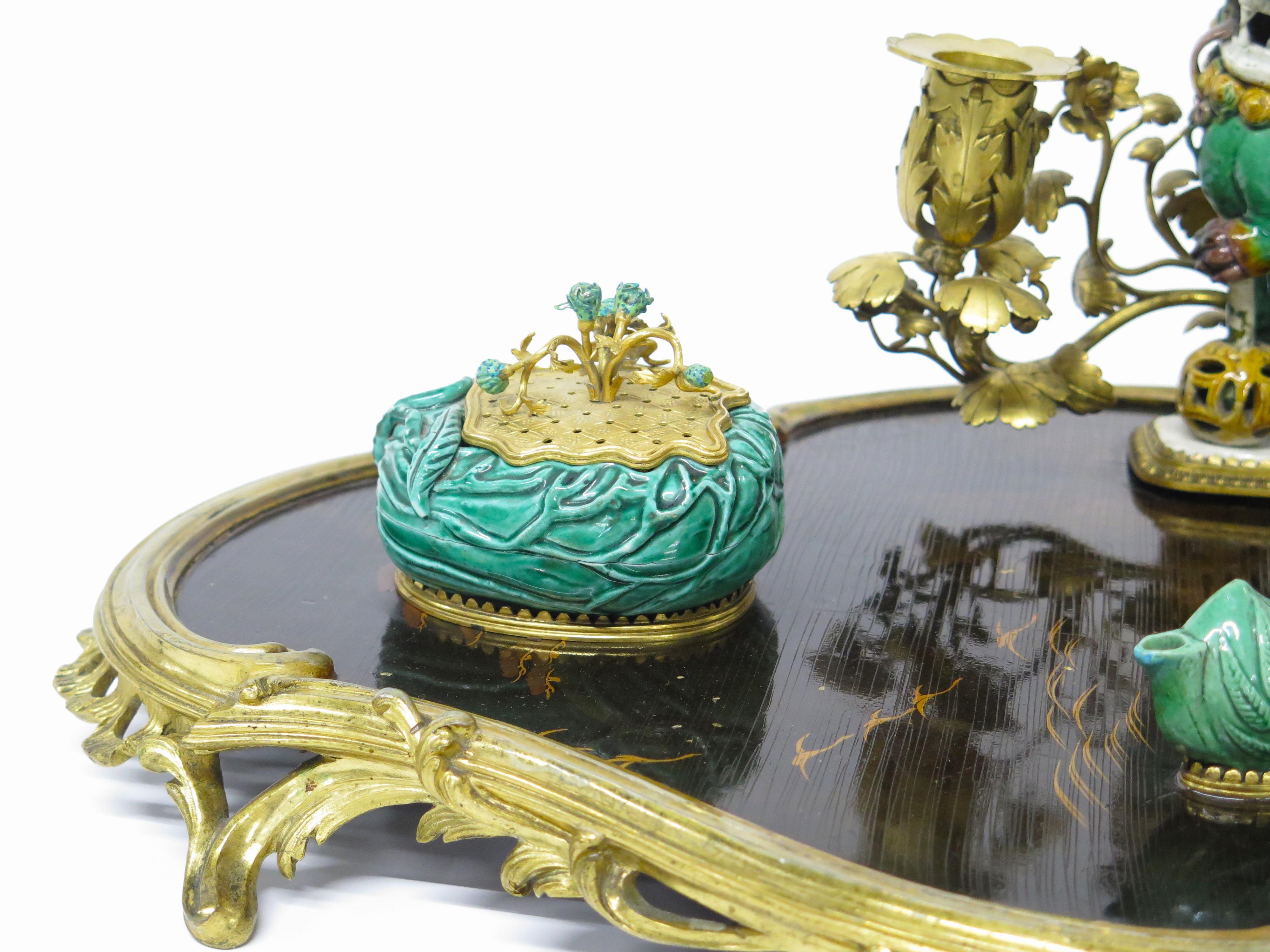 19th Century A Louis XV-Style Lacquer, Porcelain and Gilt Bronze-Mounted Encrier For Sale