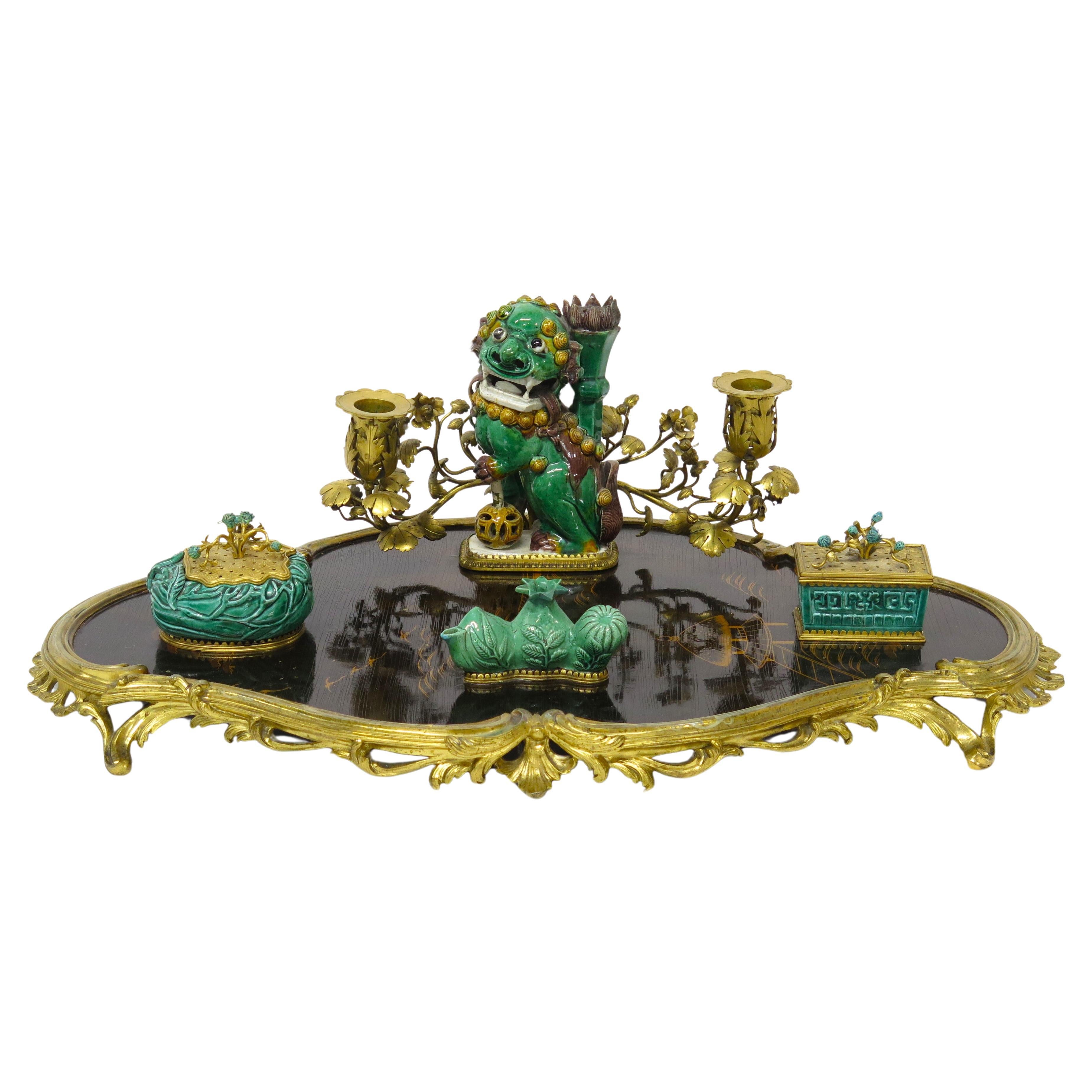 A Louis XV-Style Lacquer, Porcelain and Gilt Bronze-Mounted Encrier For Sale