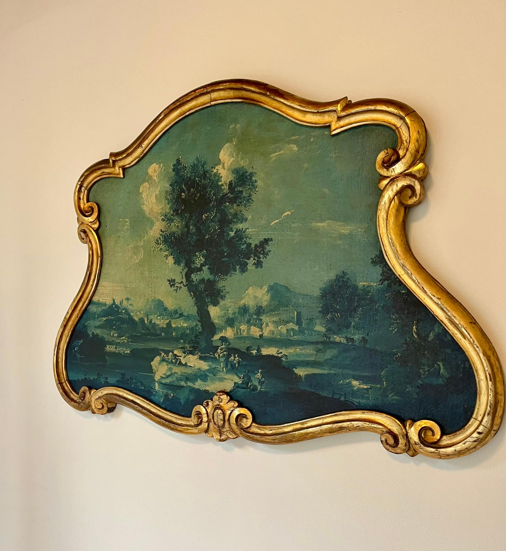 French A Louis XV Style Oil on Canvas Encased in Giltwood Frame as an Overdoor 