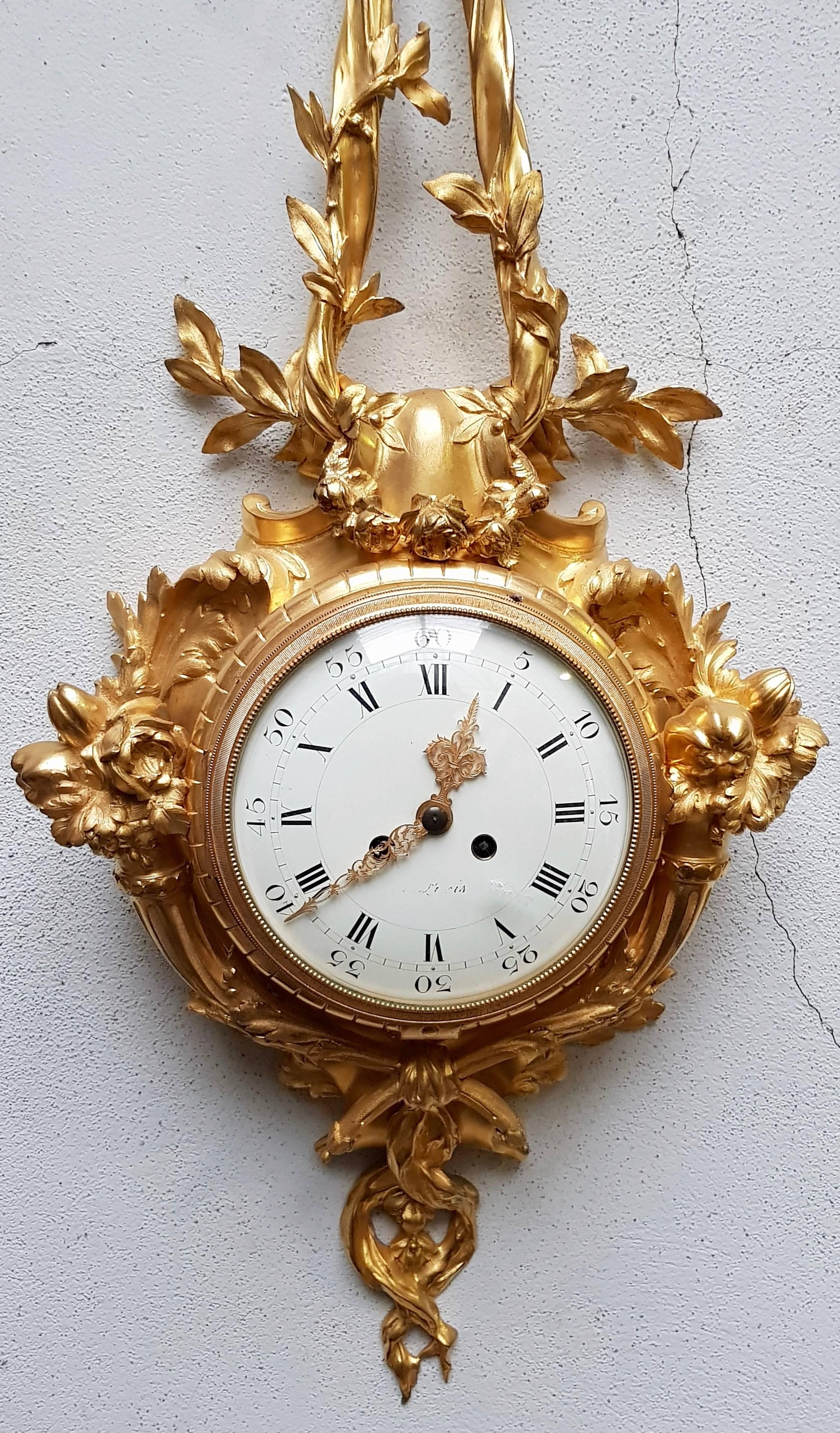 French Louis XV Style Ormolu Cartel Clock, after Caffieri, 19th Century