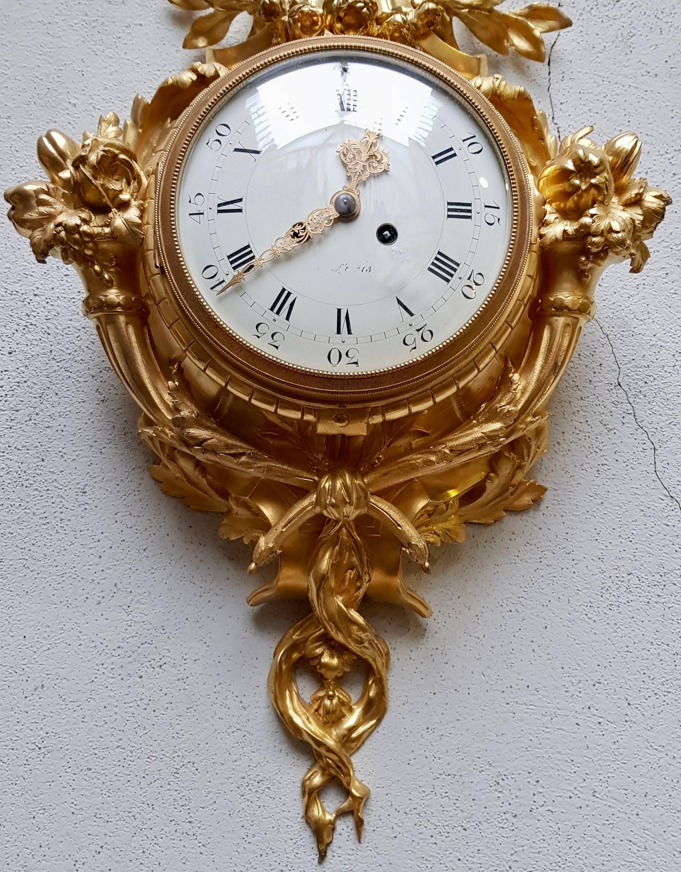 Enameled Louis XV Style Ormolu Cartel Clock, after Caffieri, 19th Century