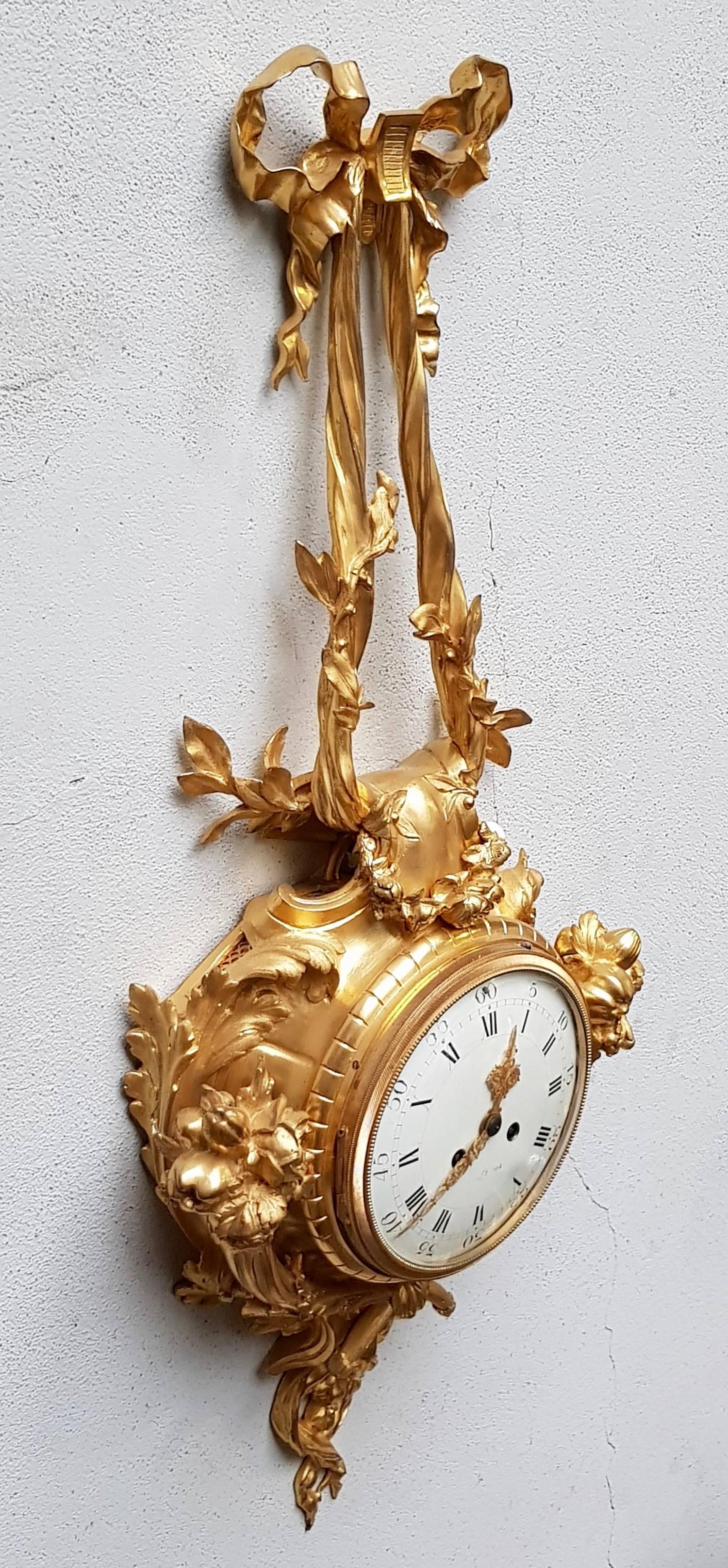 Porcelain Louis XV Style Ormolu Cartel Clock, after Caffieri, 19th Century