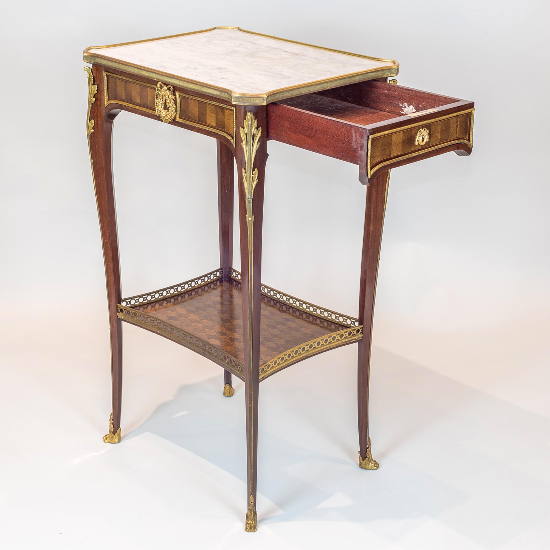 French Louis XV Style Ormolu-Mounted Mahogany Marble-Top Side Table For Sale