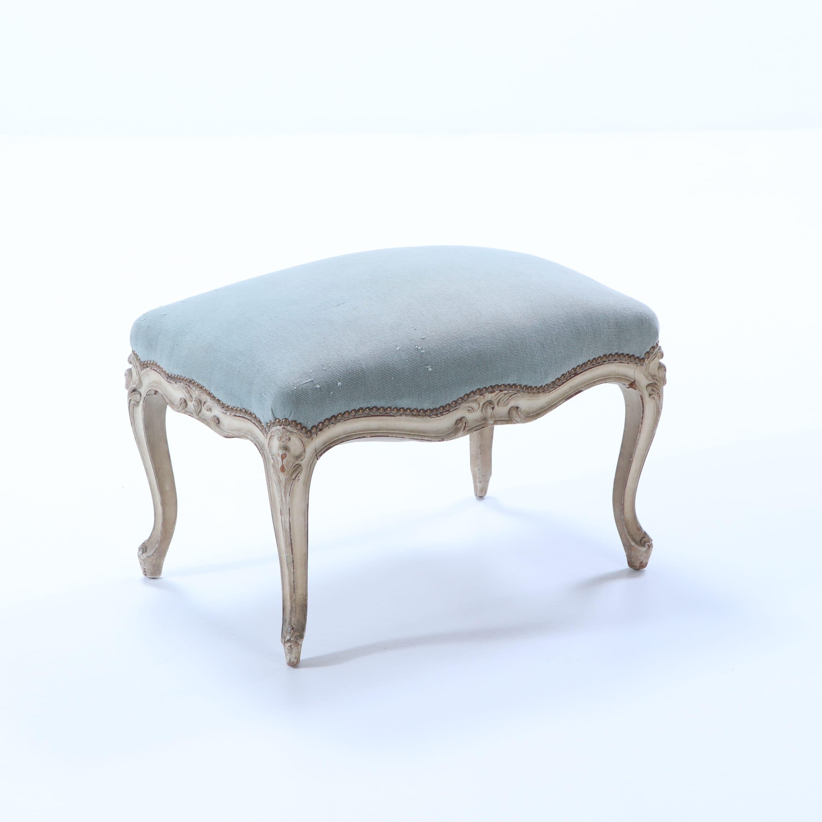 Early 20th Century A Louis XV style painted and carved upholstered foot stool C 1920. For Sale