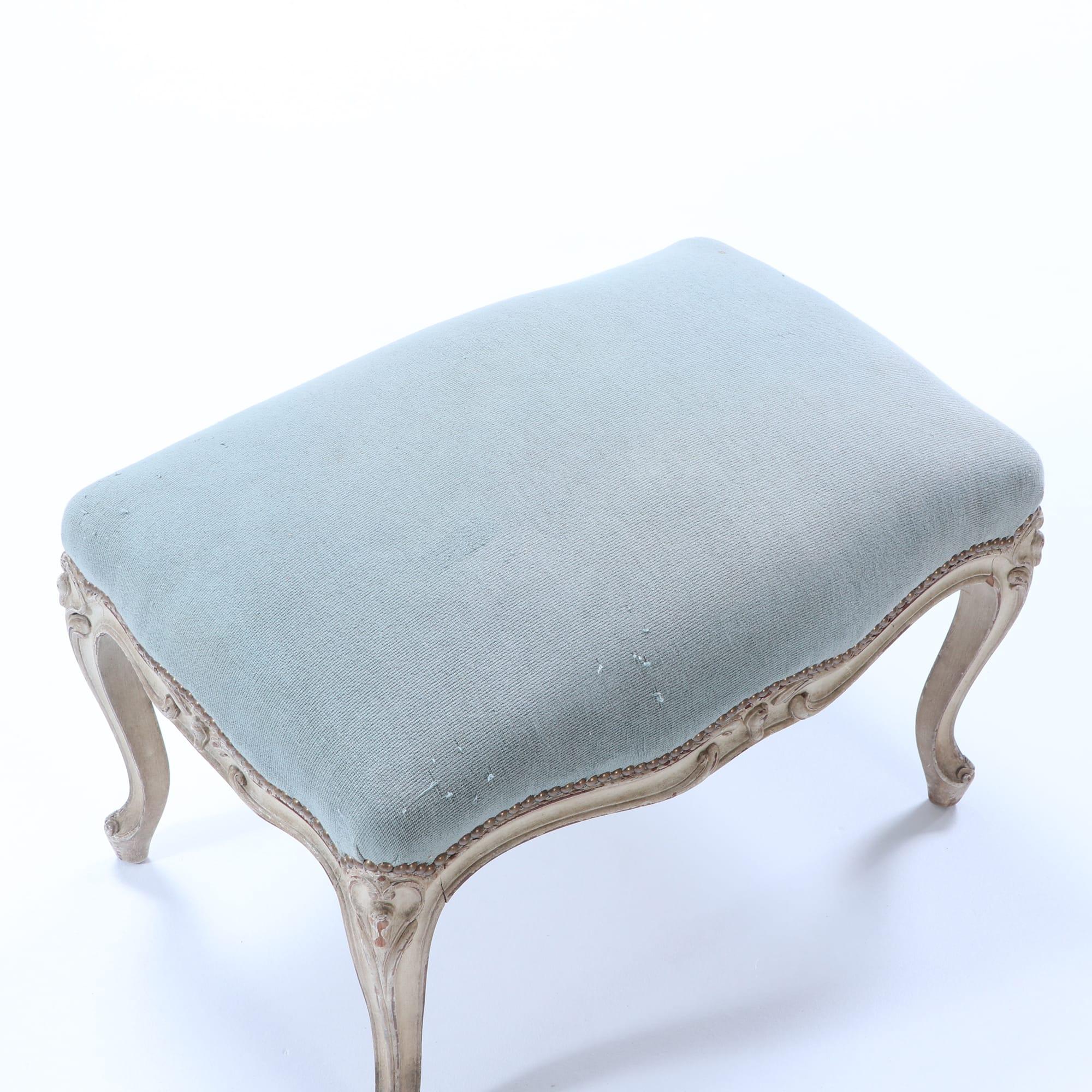 Upholstery A Louis XV style painted and carved upholstered foot stool C 1920. For Sale