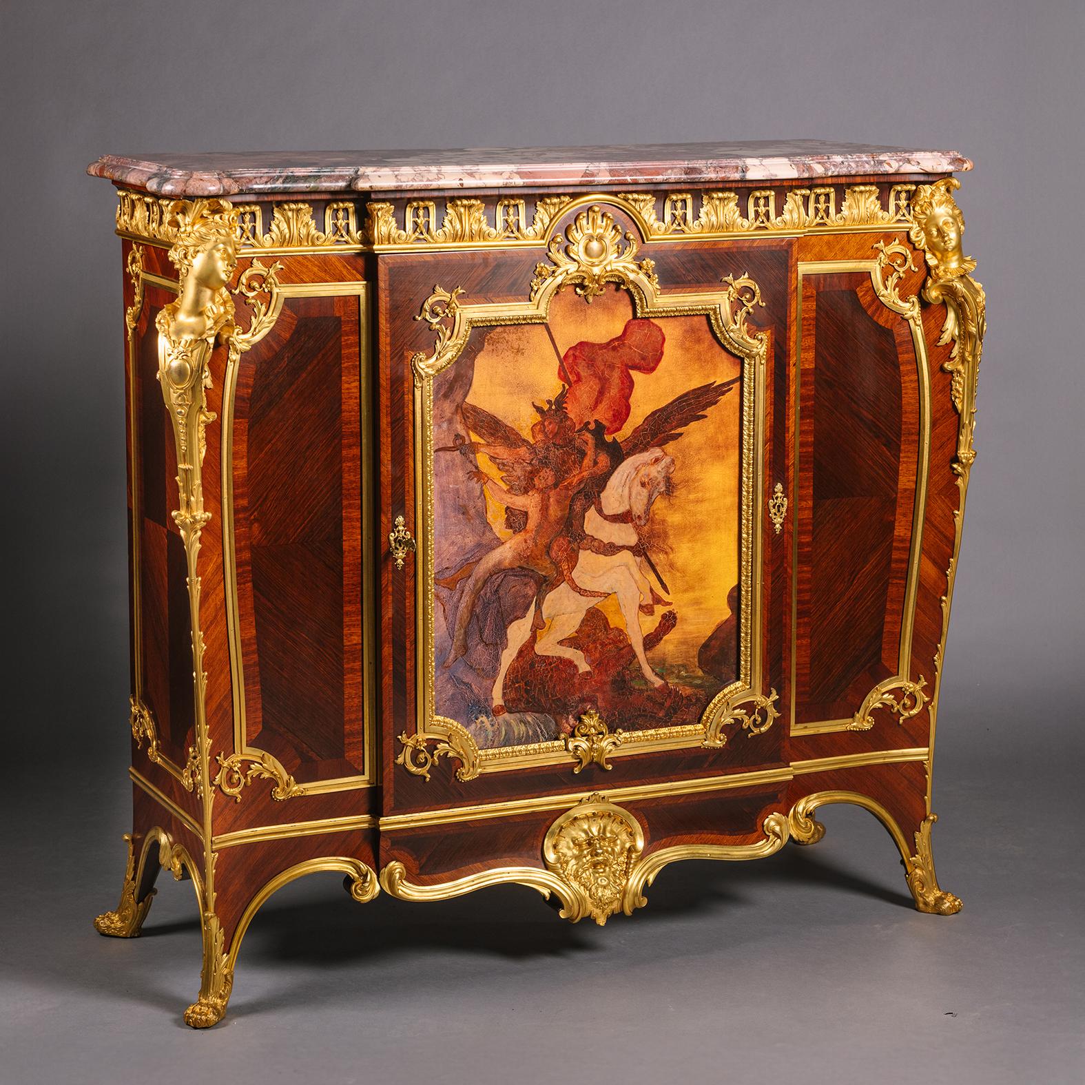 A Fine Louis XV Style Gilt-Bronze and Vernis Martin Mounted Side Cabinet, Attributed to Emmanuel Zwiener.

This cabinet has a shaped pink and red mottled marble top above an acanthus cast frieze flanked by female herm figures to the angles, below is