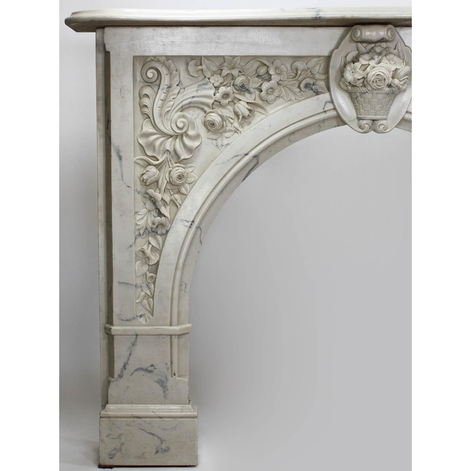 Louis XV Style White and Veined Carrara Cultured Cast-Marble Fireplace Mantel In Good Condition In Los Angeles, CA