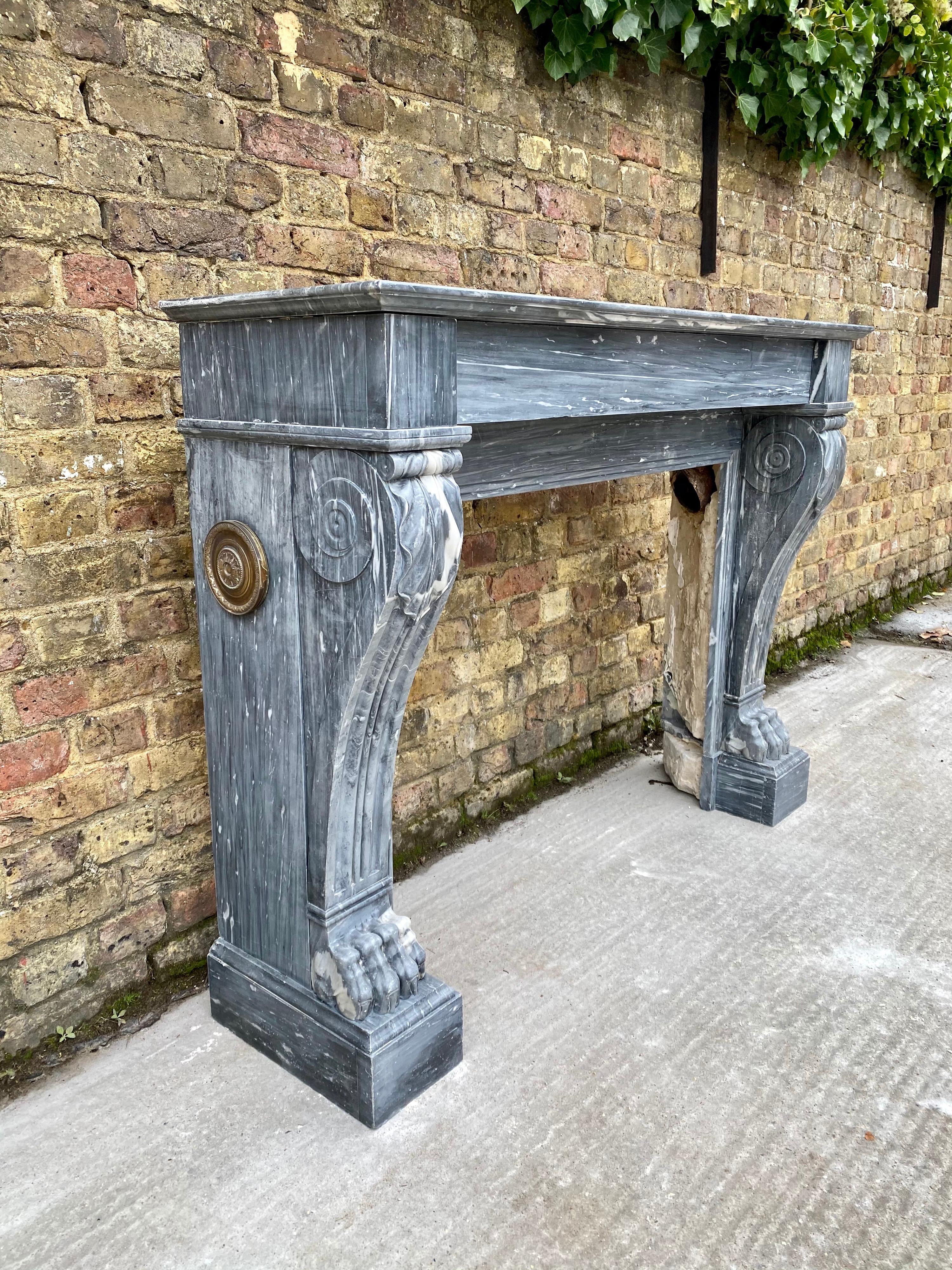 Carved Louis XVI Antique Bleu Turquin Marble Fireplace Mantel