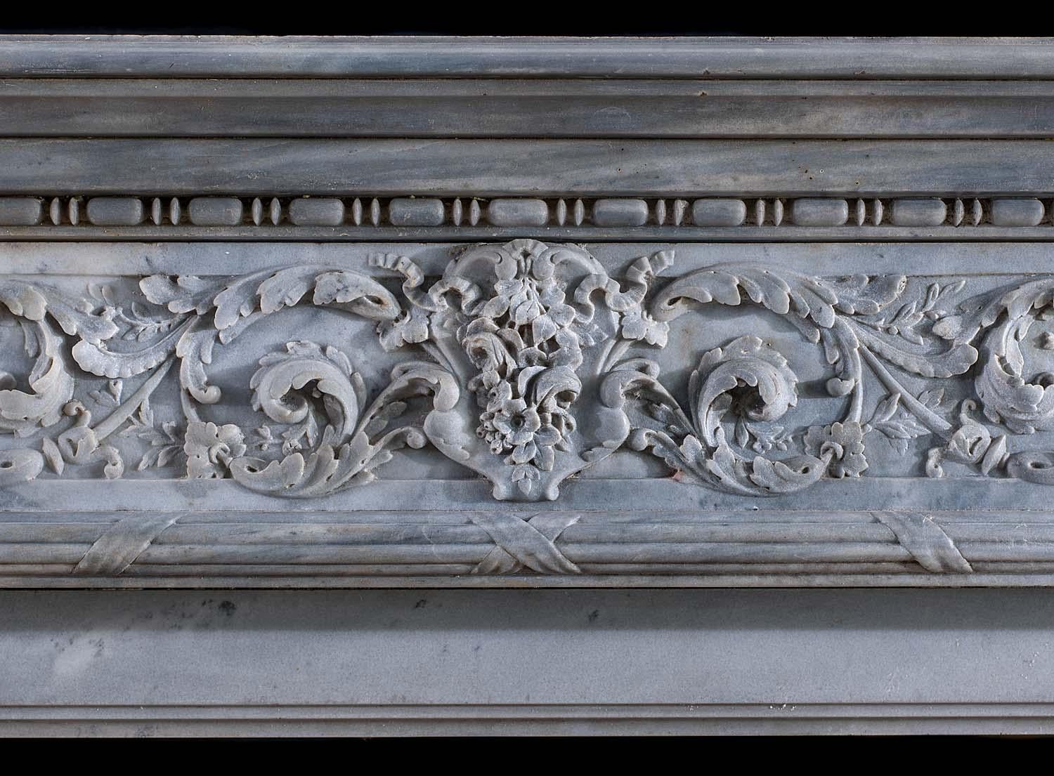 Hand-Carved Louis XVI Bardiglio Marble Fireplace