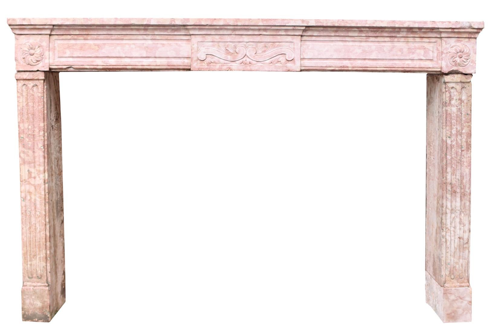A period Louis XVI fireplace surround in Pierre de Bourguignon, Burgundy Stone with marble like characteristics. French, late 18th century. Pale cream and pink tones.

Additional dimensions

Opening height 96.5 cm

Opening width 150.5