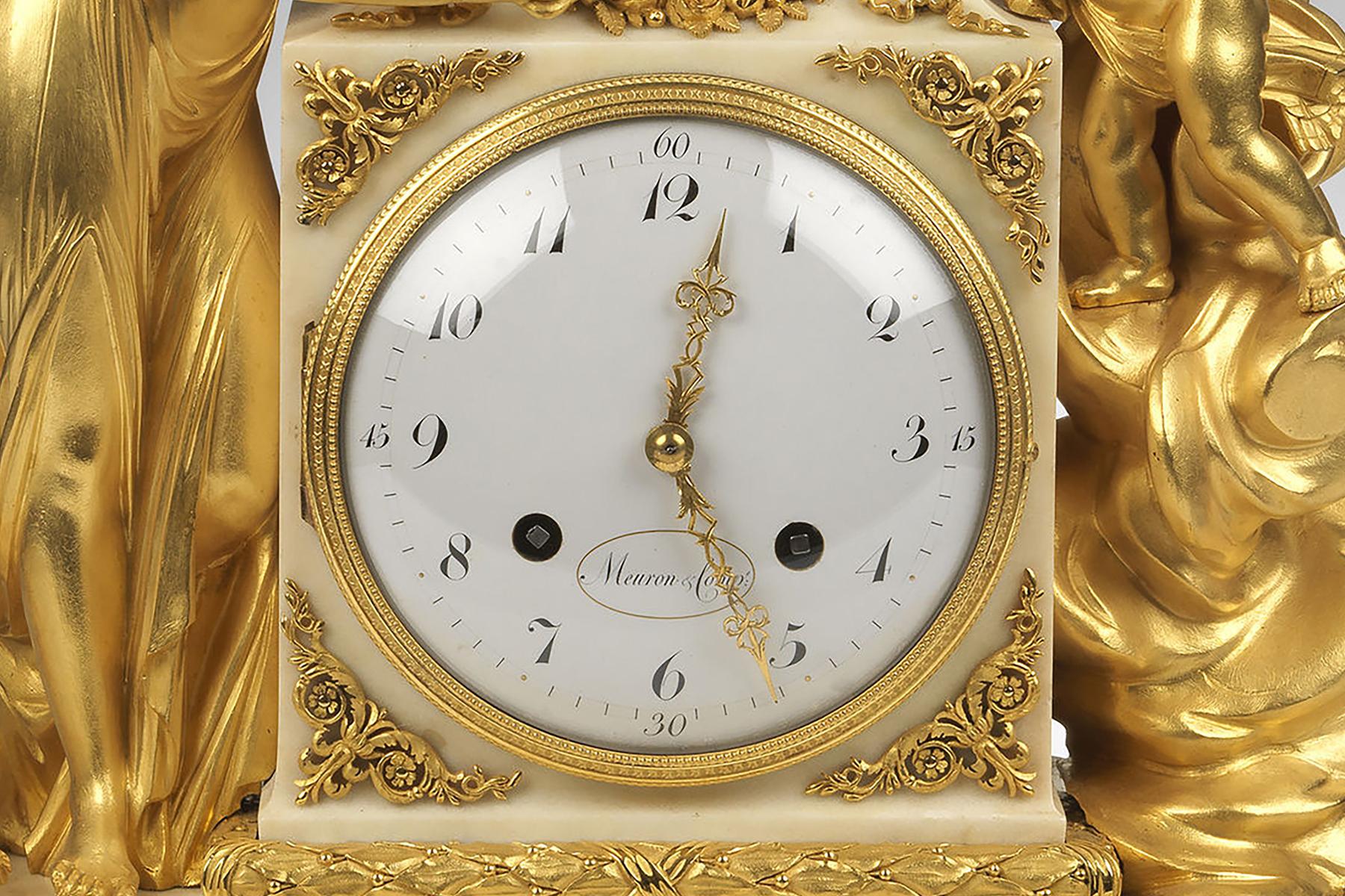 Swiss Louis XVI Gilt Bronze and White Marble Quarter Striking Clock by Meuron For Sale