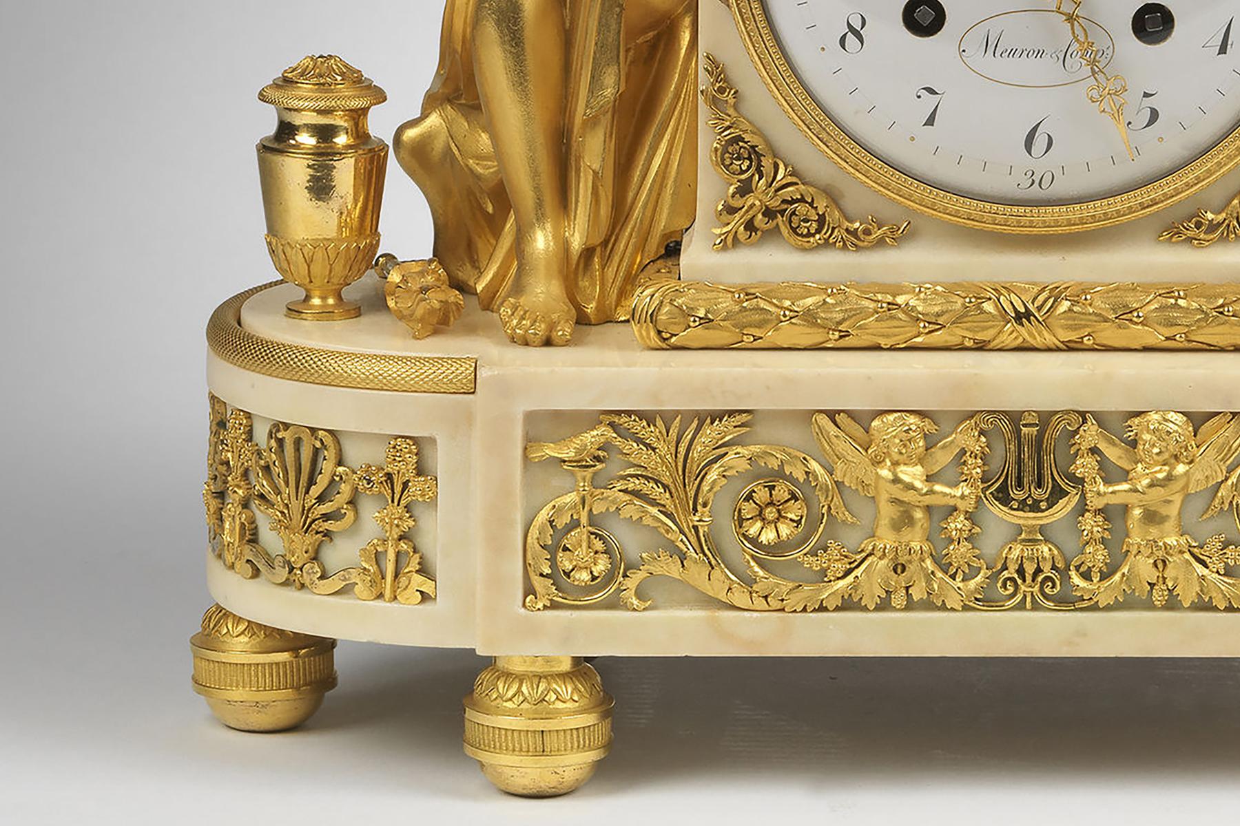 Ormolu Louis XVI Gilt Bronze and White Marble Quarter Striking Clock by Meuron For Sale