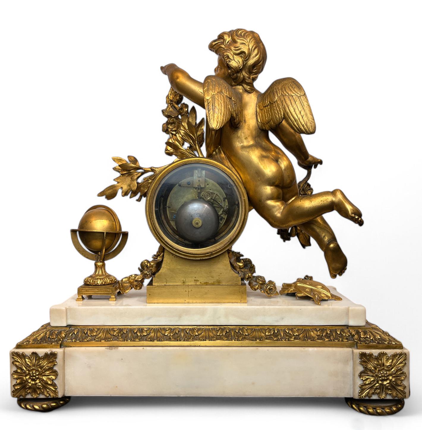 A Louis XVI Ormolu and White Marble Mantel Clock of Cupid For Sale 5