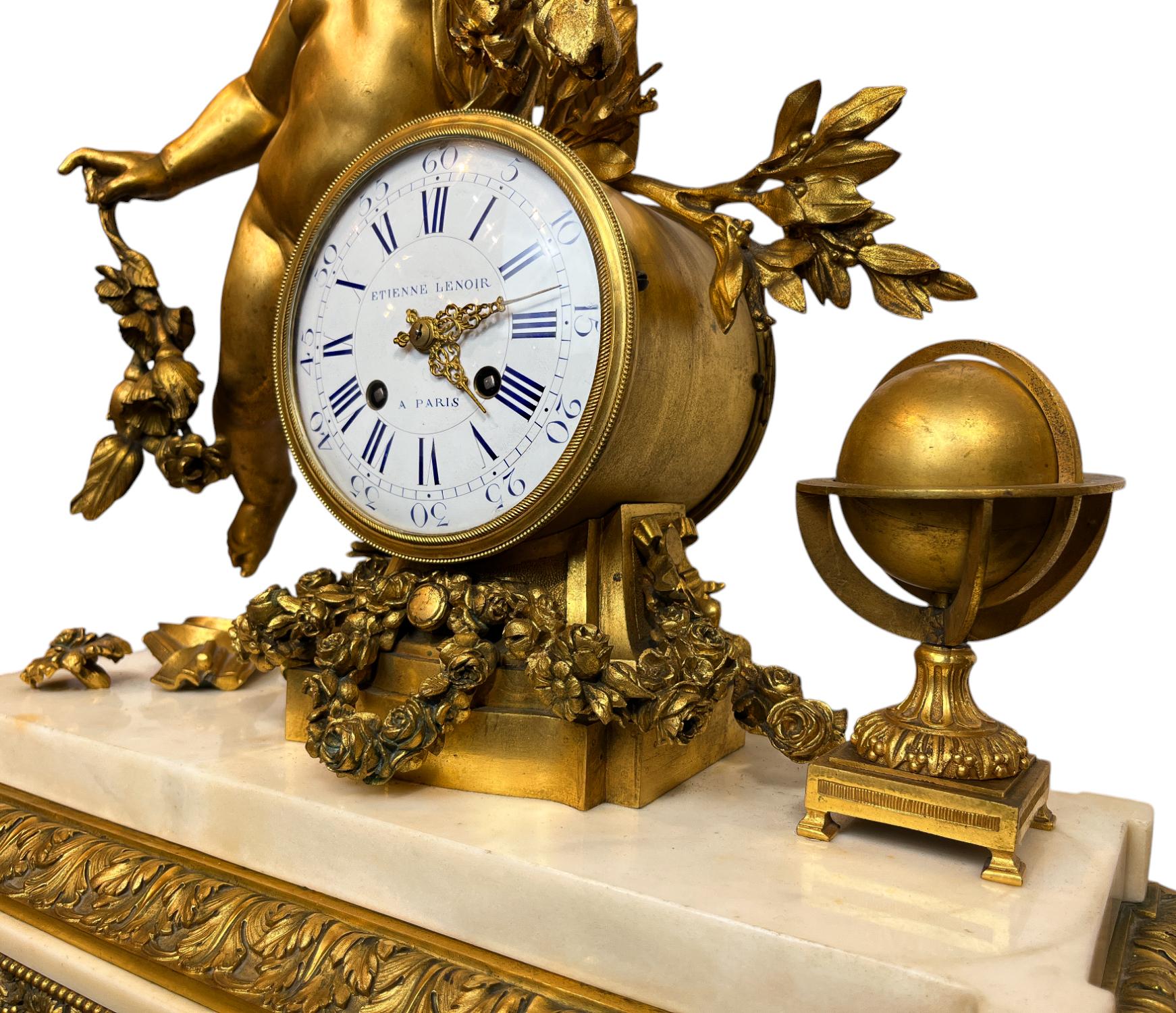 A Louis XVI Ormolu and White Marble Mantel Clock of Cupid In Good Condition For Sale In New York, NY