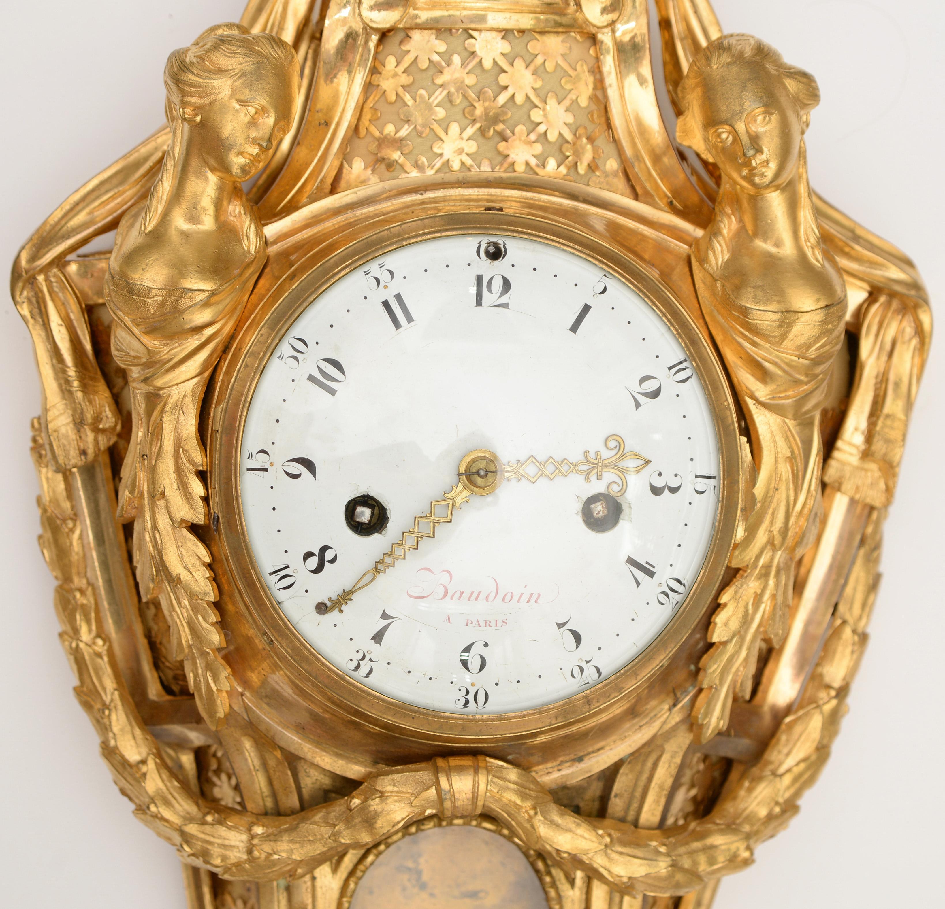 A Louis XVI Ormolu Figural Cartel Clock In Good Condition For Sale In Kittery Point, ME