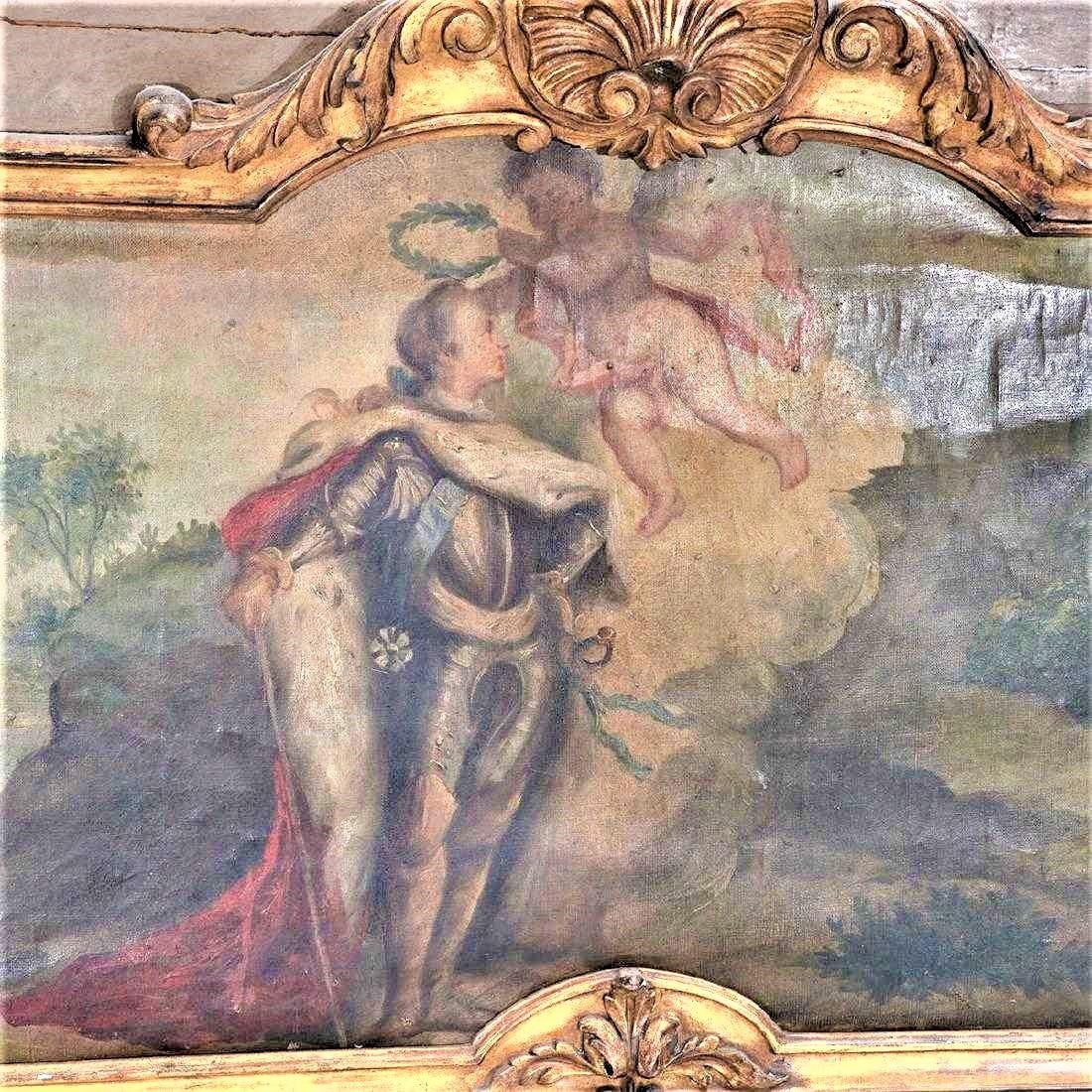 18th Century Louis XVI Paint and Giltwood Trumeau with Oil Inset of King