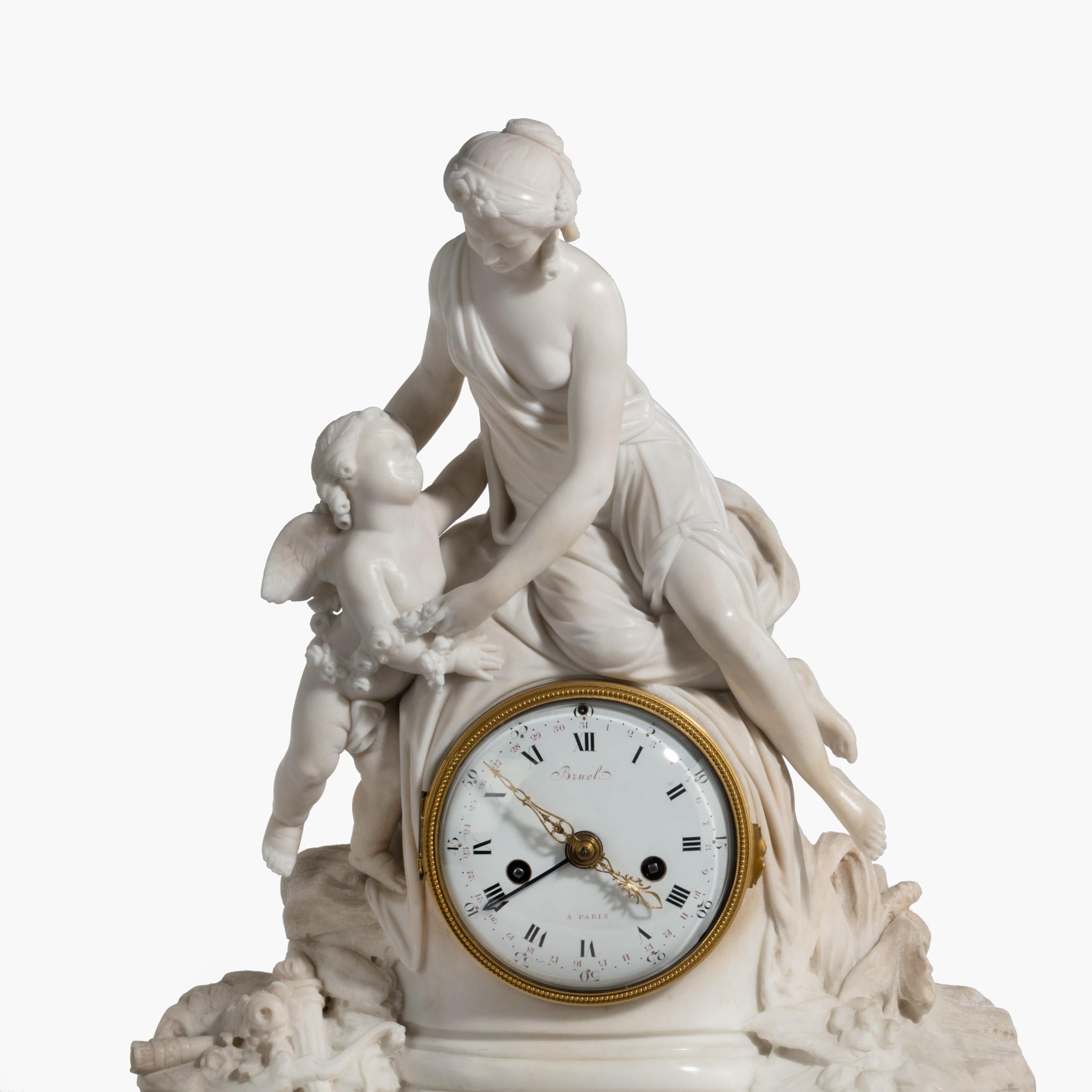 18th Century Louis XVI Period Carved Marble Clock by Bruel of Paris For Sale