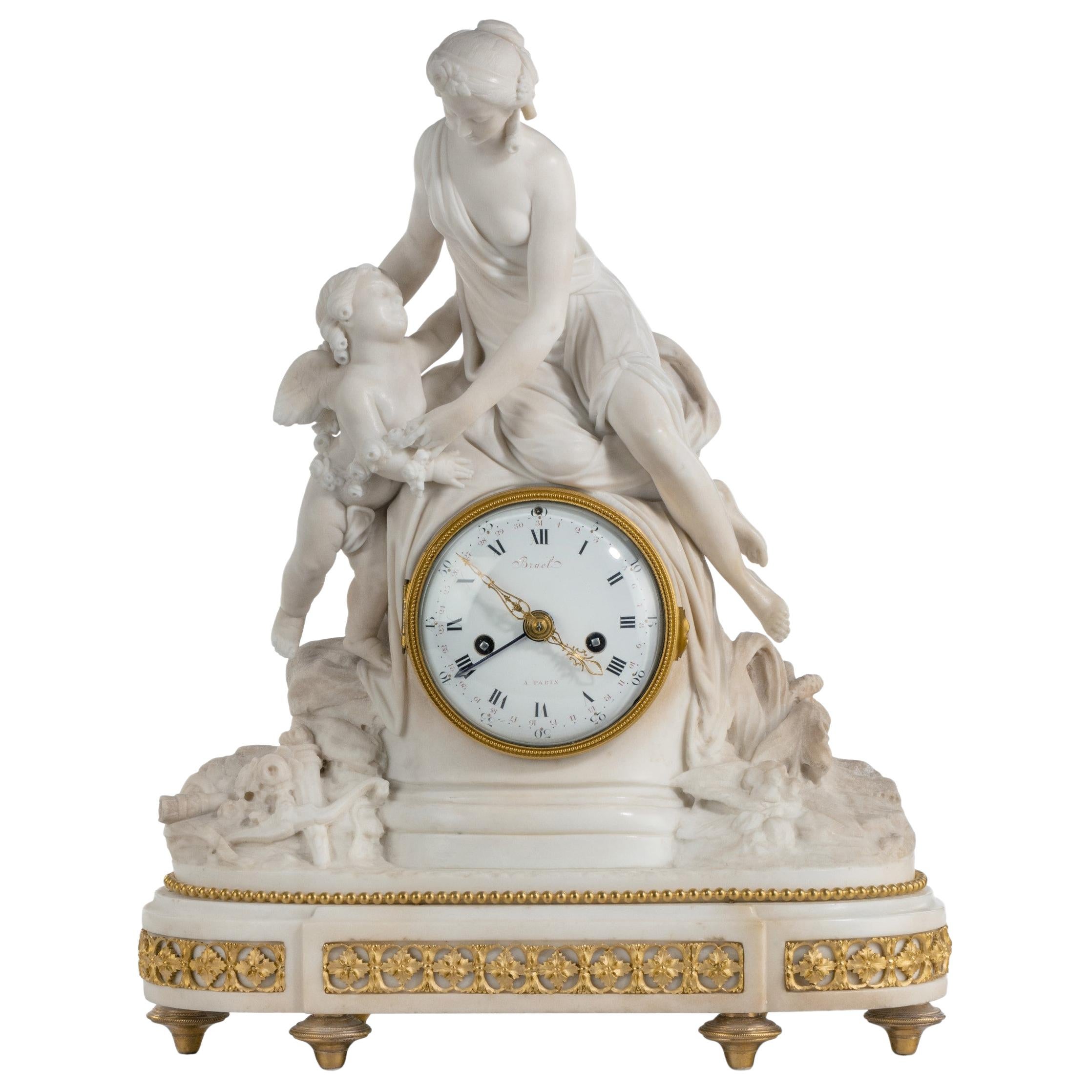Louis XVI Period Carved Marble Clock by Bruel of Paris For Sale