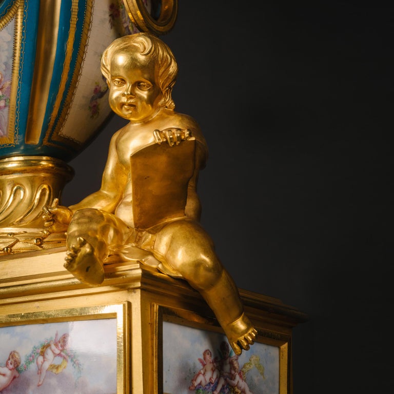 Bronze Louis XVI Style and Sèvres Style Porcelain Mantel Clock by Raingo Frères For Sale