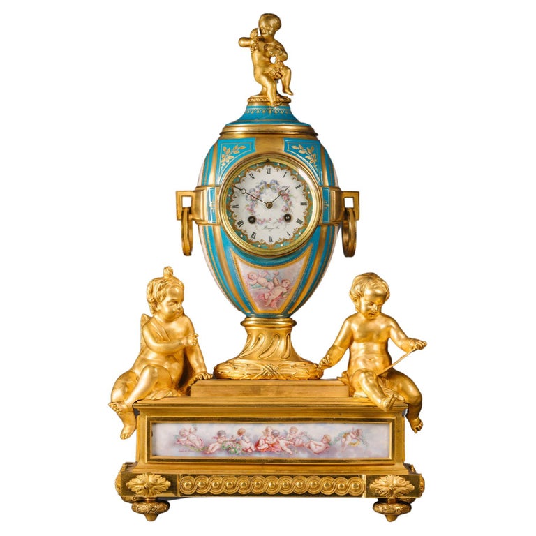 Louis XVI Style and Sèvres Style Porcelain Mantel Clock by Raingo Frères For Sale