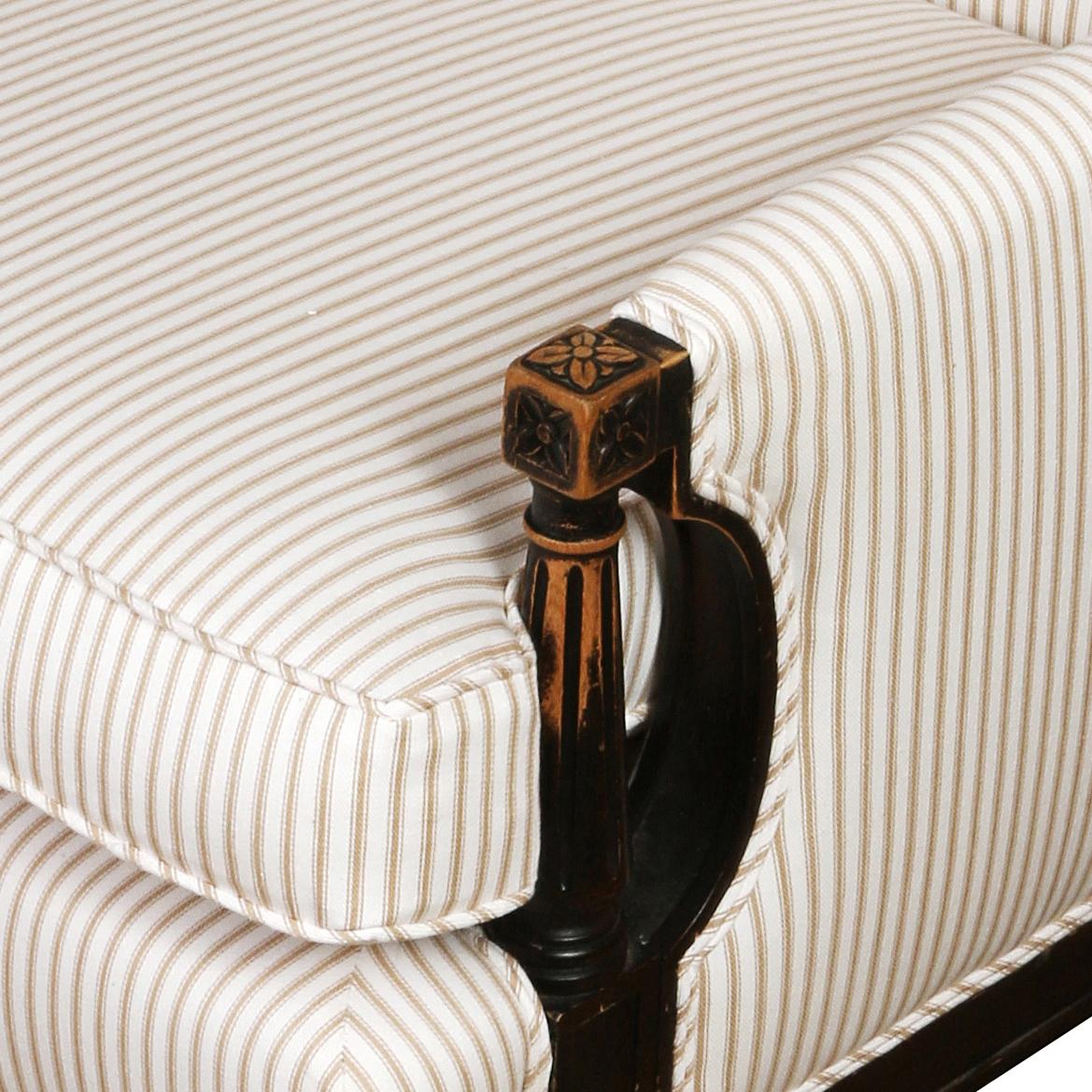 A Louis XVI Style Arm Chair Upholstered in a Chic Ticking Stripe In Good Condition In New York, NY