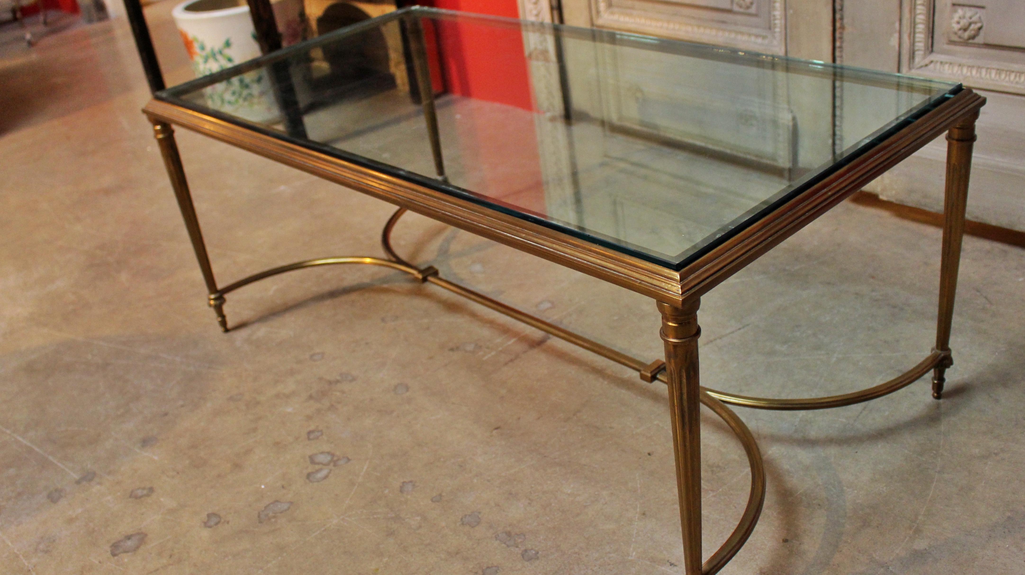 French Louis XVI Style Brass Cocktail Table with Glass Top