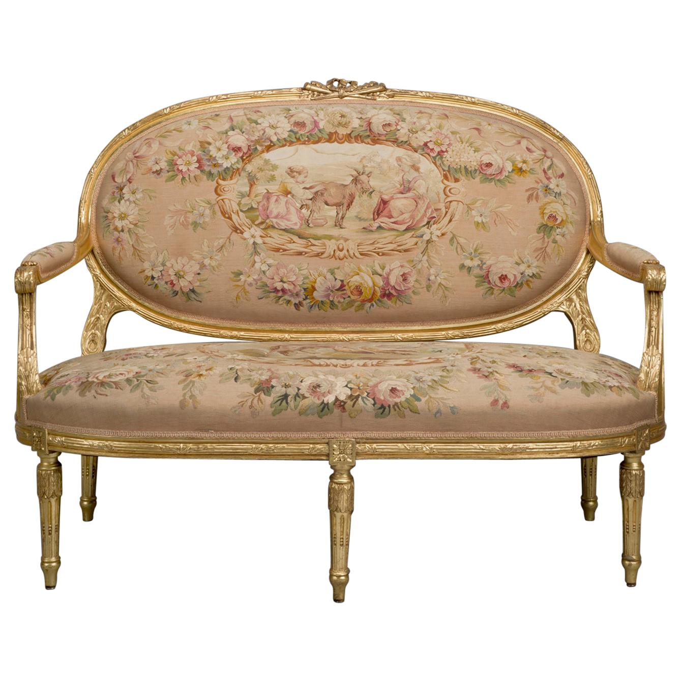 Canapé im Louis-XVI-Stil, gepolstert mit Aubusson-Wandteppich, um 1880 im Angebot