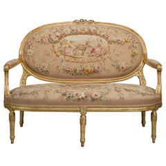 Canapé im Louis-XVI-Stil, gepolstert mit Aubusson-Wandteppich, um 1880