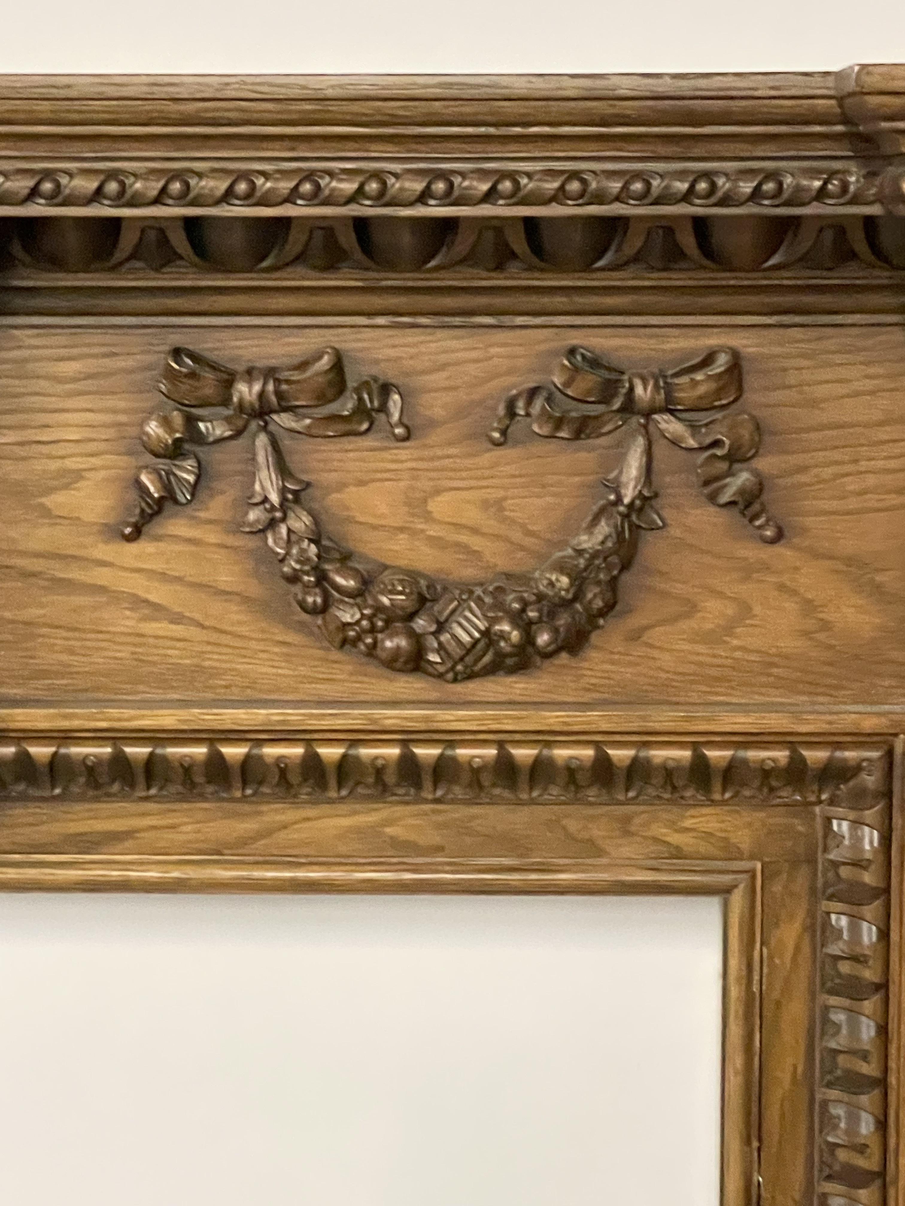Louis XVI Style Carved Mantle, Fireplace Surround, Solid Wood Carved, Oak For Sale 8