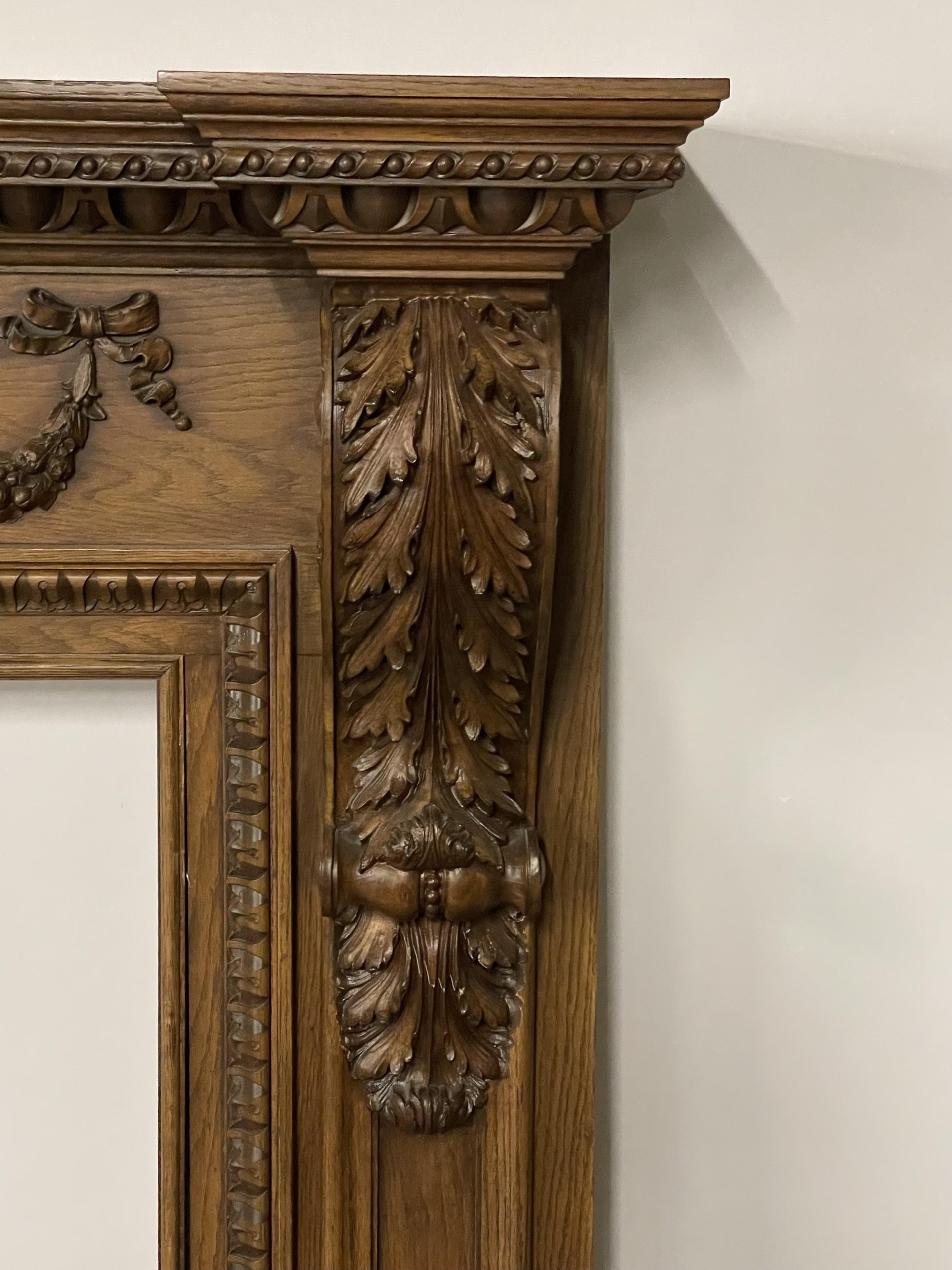 Louis XVI Style Carved Mantle, Fireplace Surround, Solid Wood Carved, Oak For Sale 9
