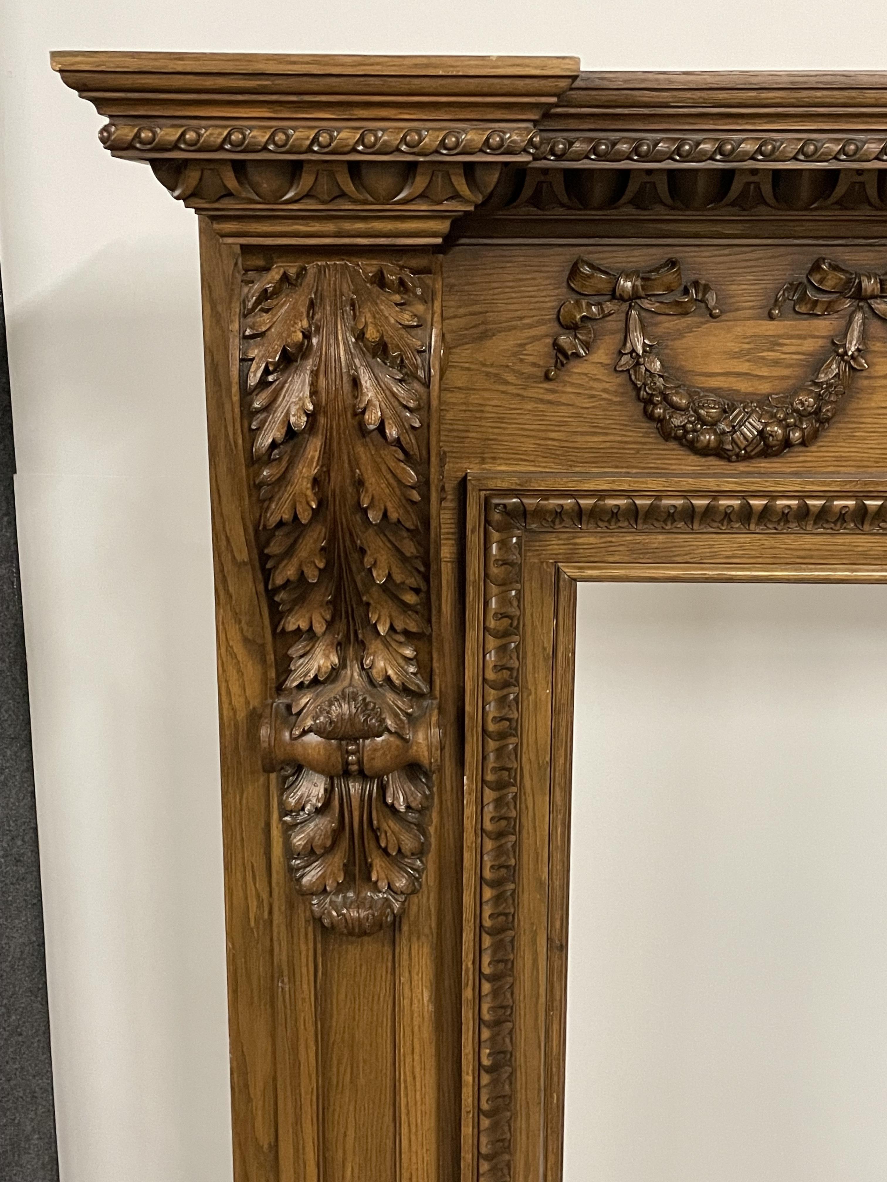 Louis XVI Style Carved Mantle, Fireplace Surround, Solid Wood Carved, Oak For Sale 10
