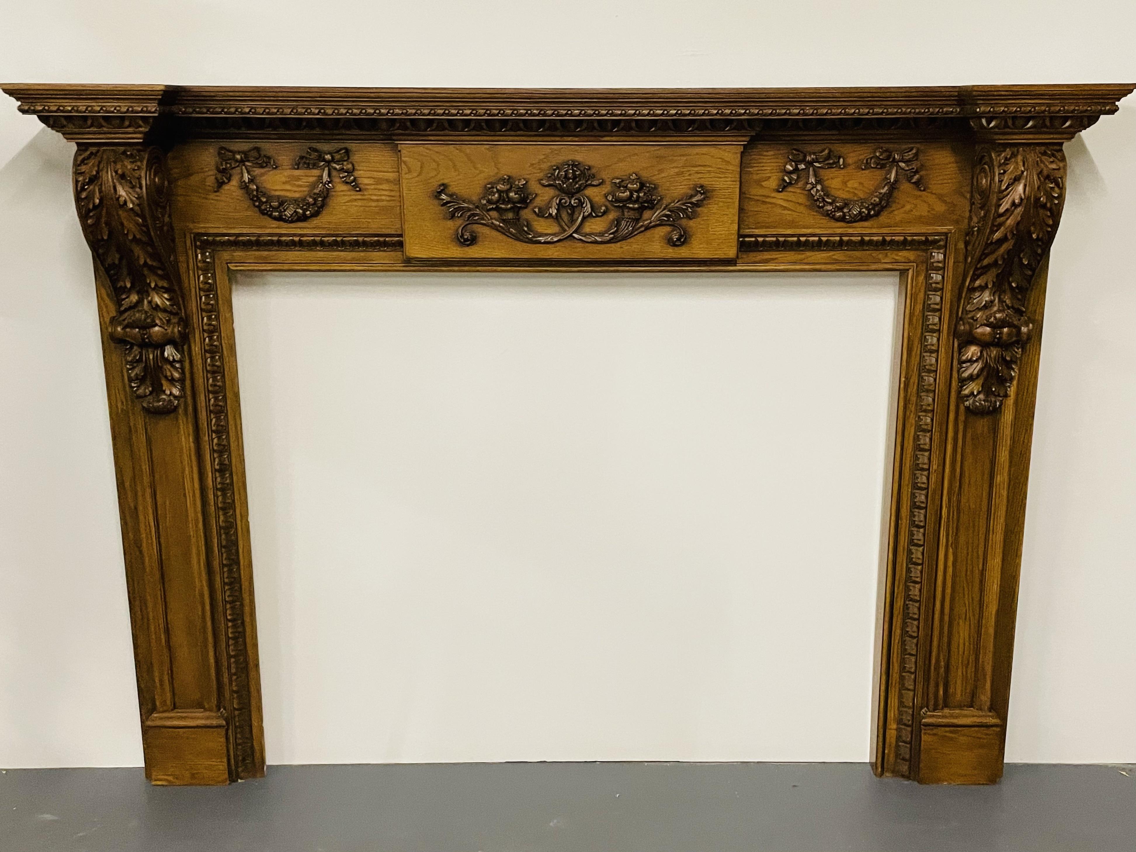 20th Century Louis XVI Style Carved Mantle, Fireplace Surround, Solid Wood Carved, Oak For Sale