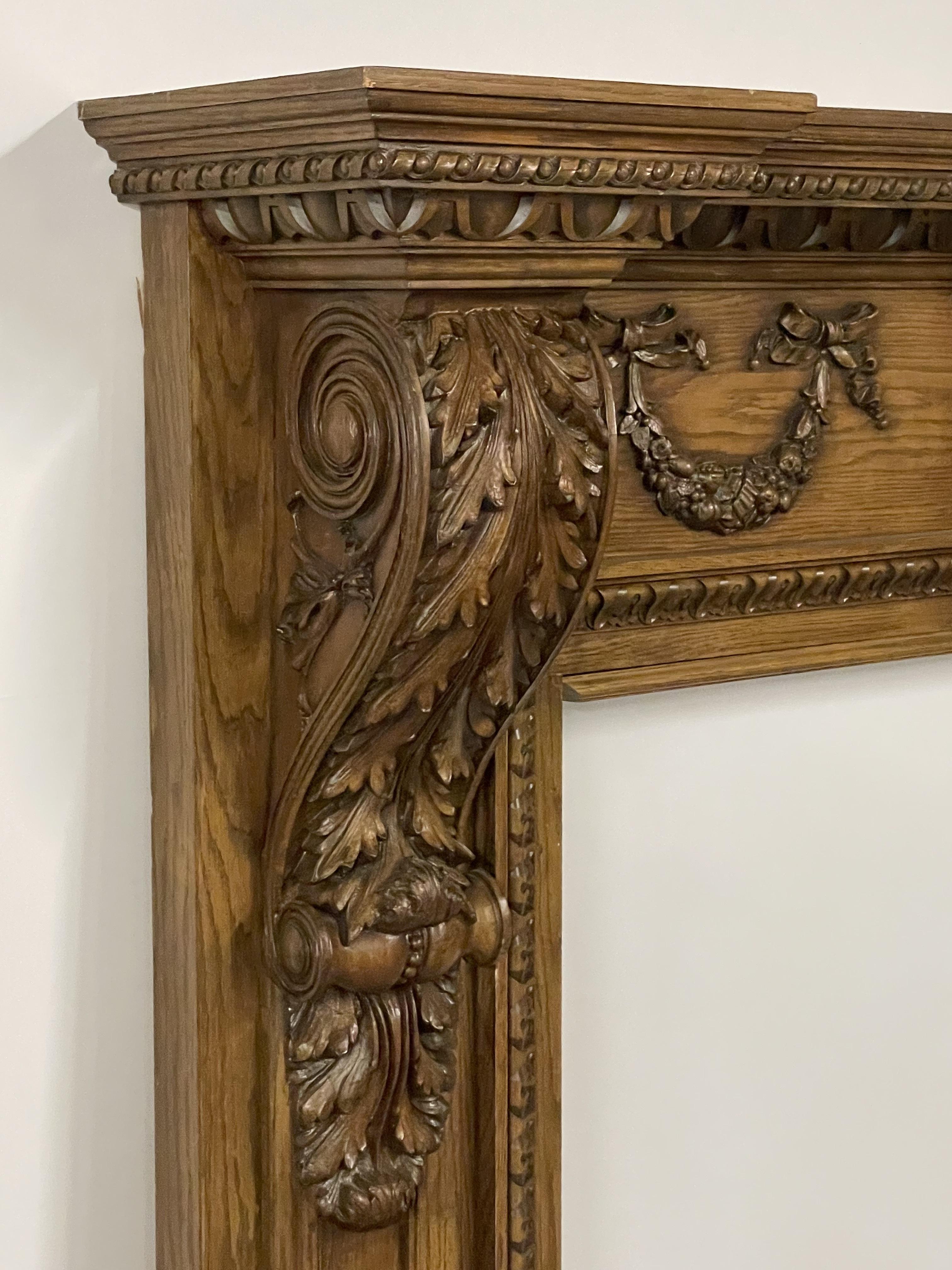 Louis XVI Style Carved Mantle, Fireplace Surround, Solid Wood Carved, Oak For Sale 2