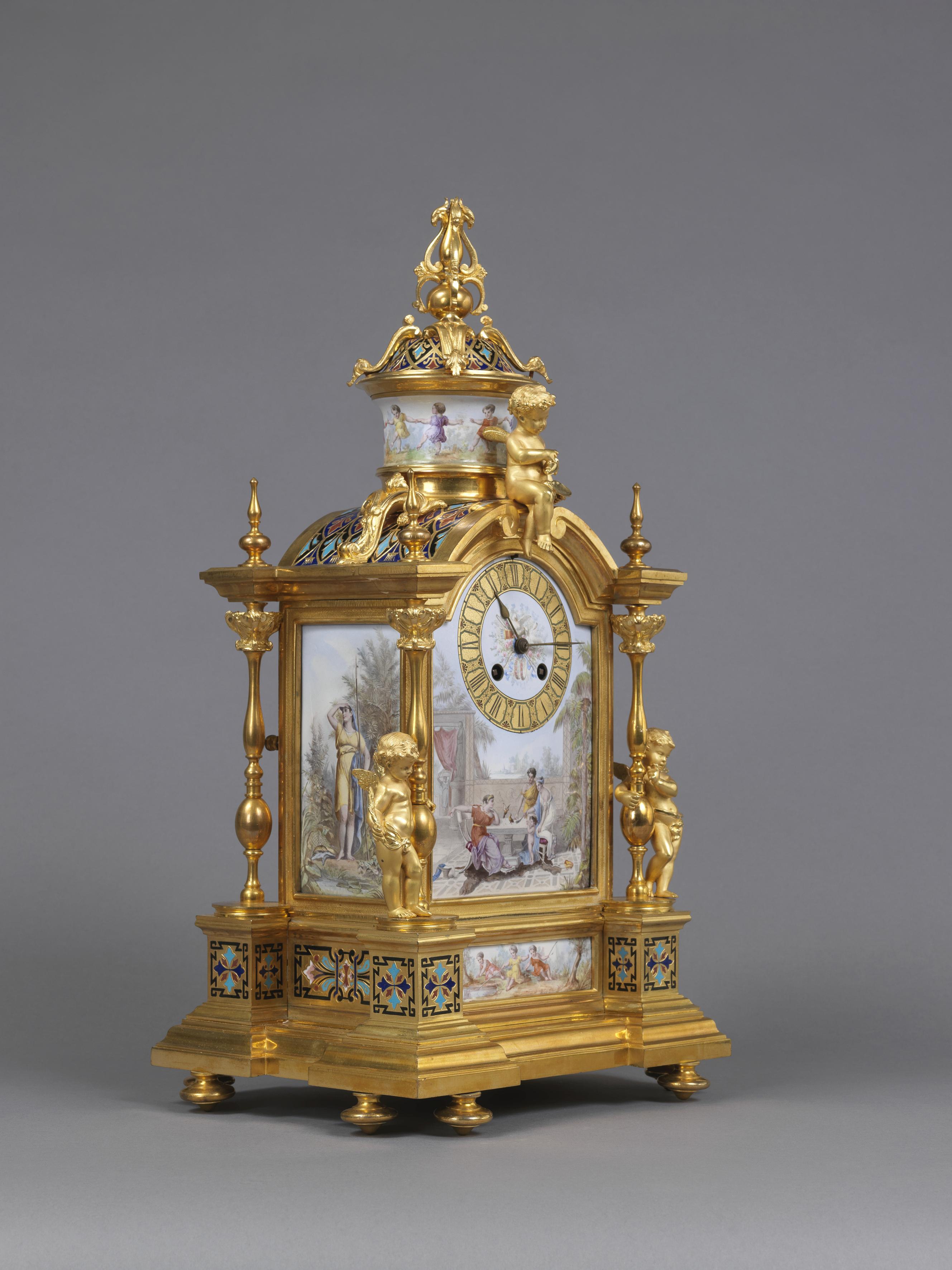 French Louis XVI Style Champlevé Enamel and Gilt-Bronze Mantel Clock, circa 1880 For Sale