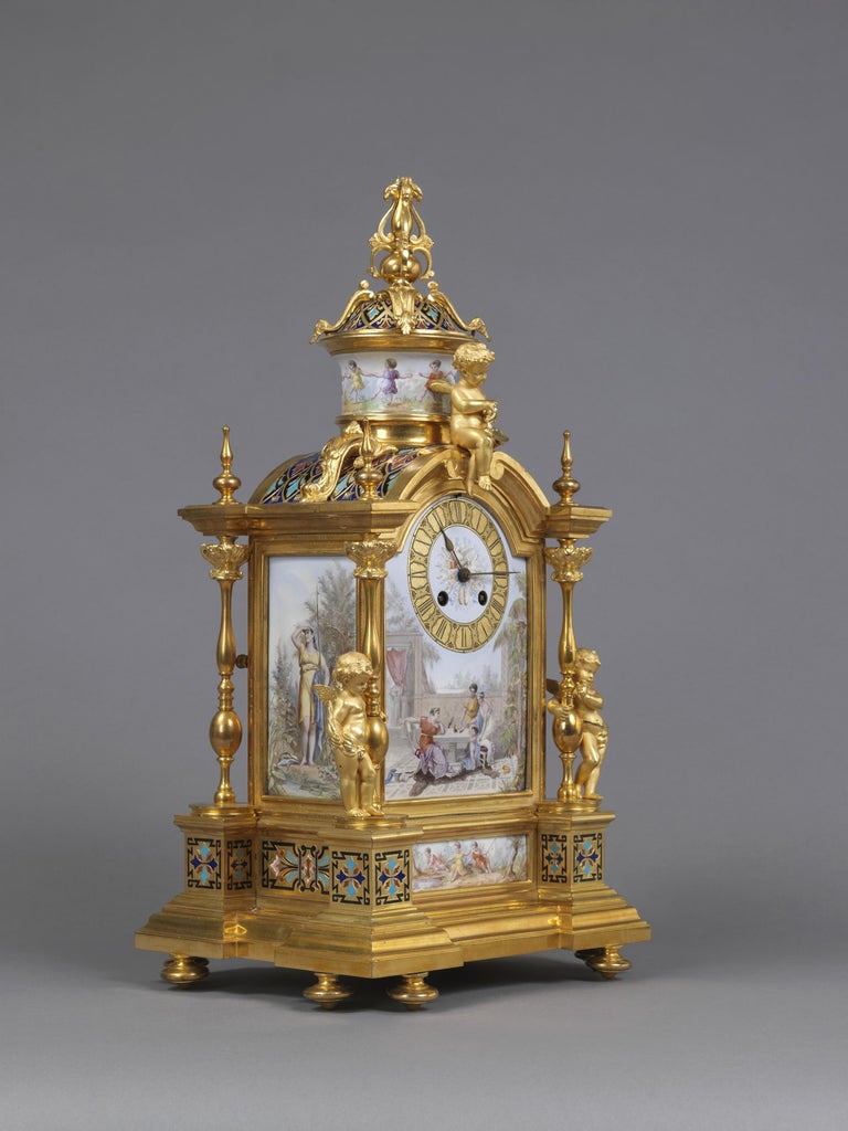 French Louis XVI Style Champlevé Enamel and Gilt-Bronze Mantel Clock, circa 1880 For Sale