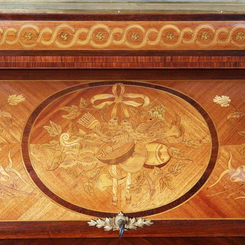Marble Louis XVI Style French Marquetry Roll Top Bureau De Damme For Sale