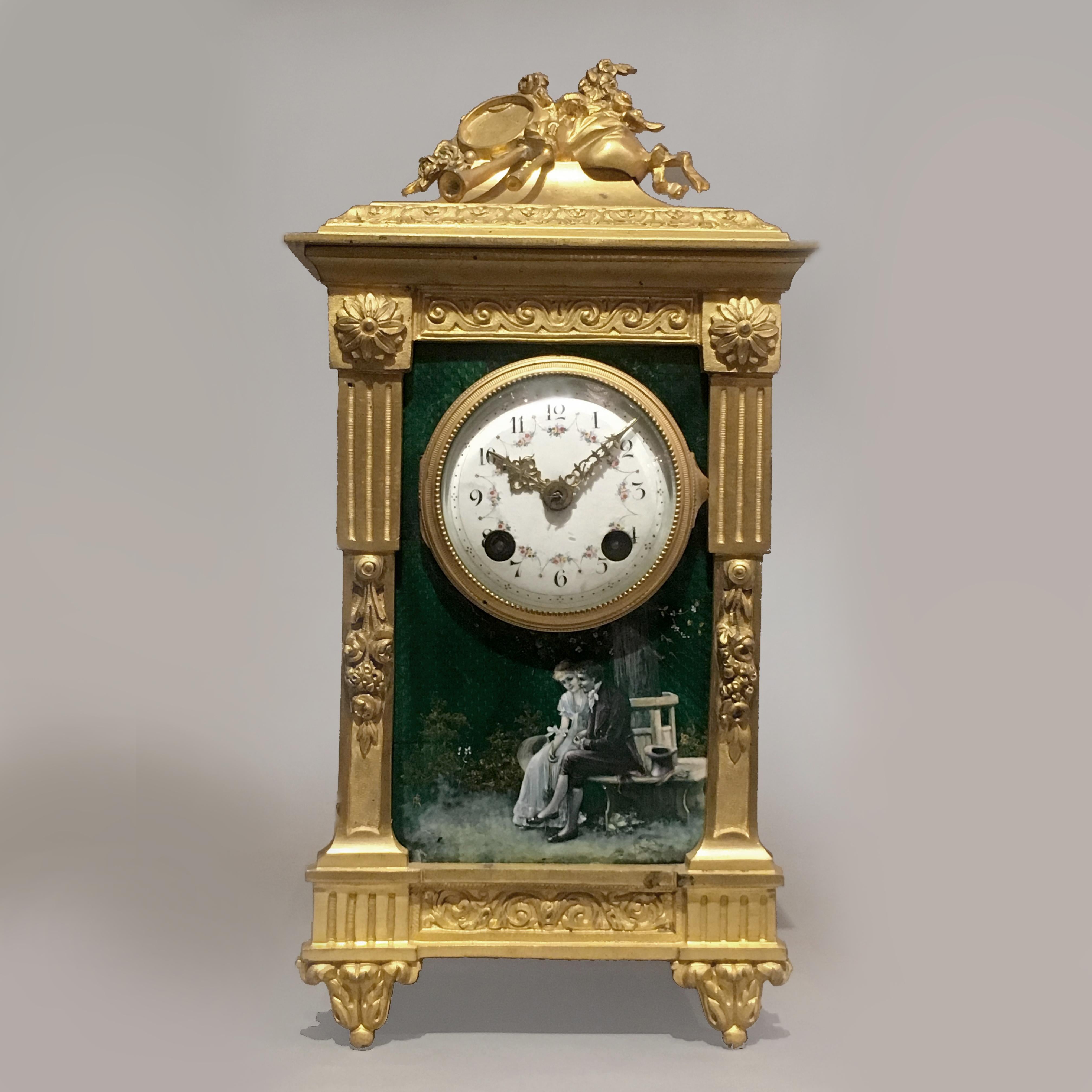 A Fine Louis XVI Style Gilt-Bronze and Green Enamel Mantel Clock.

French, Circa 1890.

Stamped ‘Medaille d’Argent Vincenti & Cie 1855’ and with the initials ‘L.R’.

This fine clock or timepiece has a spring-driven eight-day twin train