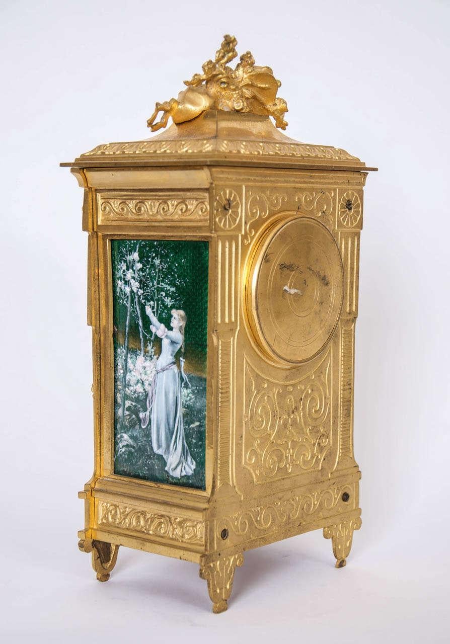 French A Louis XVI Style Gilt-Bronze and Green Enamel Mantel Clock, Circa 1890 For Sale