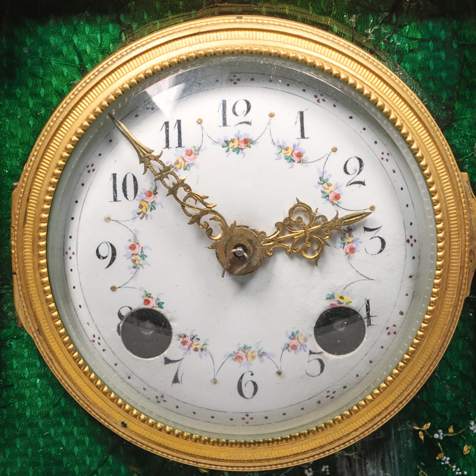 French A Louis XVI Style Gilt-Bronze and Green Enamel Mantel Clock, Circa 1890 For Sale