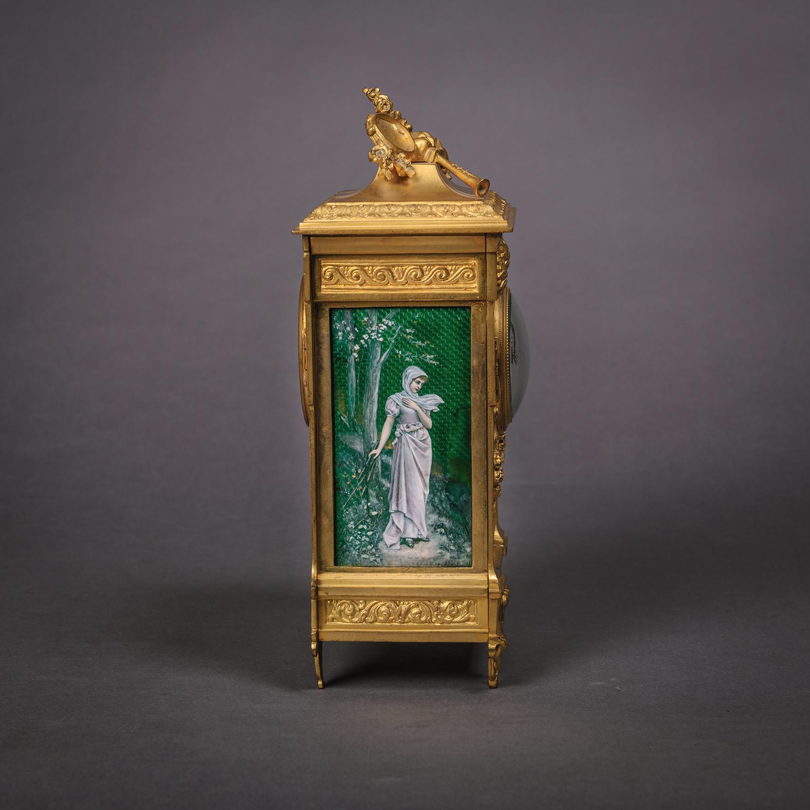 19th Century A Louis XVI Style Gilt-Bronze and Green Enamel Mantel Clock, Circa 1890 For Sale