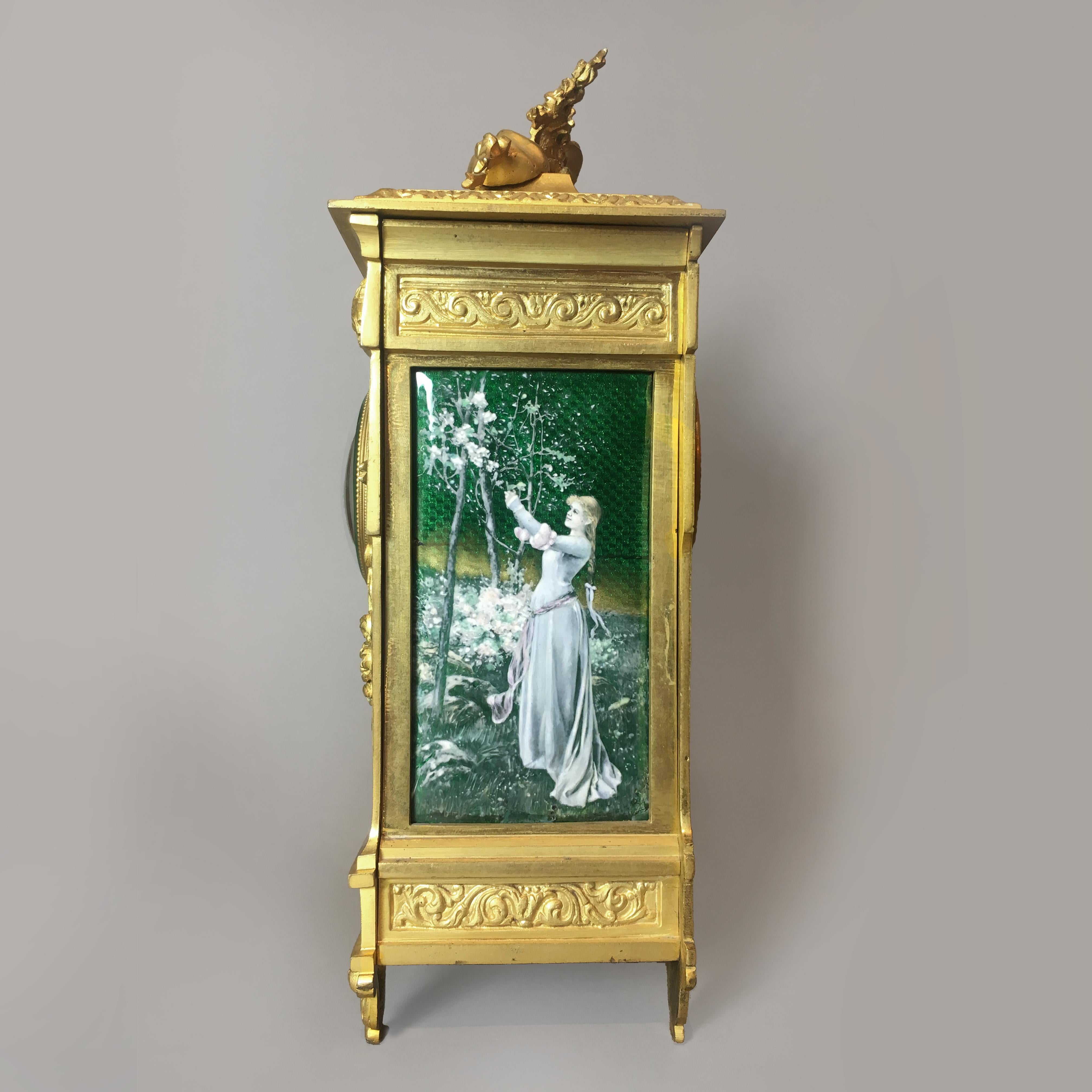 A Louis XVI Style Gilt-Bronze and Green Enamel Mantel Clock, Circa 1890 For Sale 1