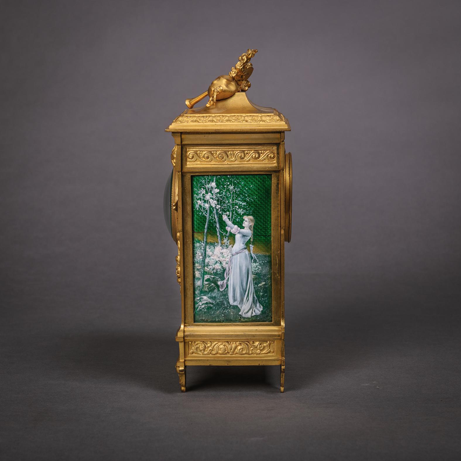 A Louis XVI Style Gilt-Bronze and Green Enamel Mantel Clock, Circa 1890 For Sale 1