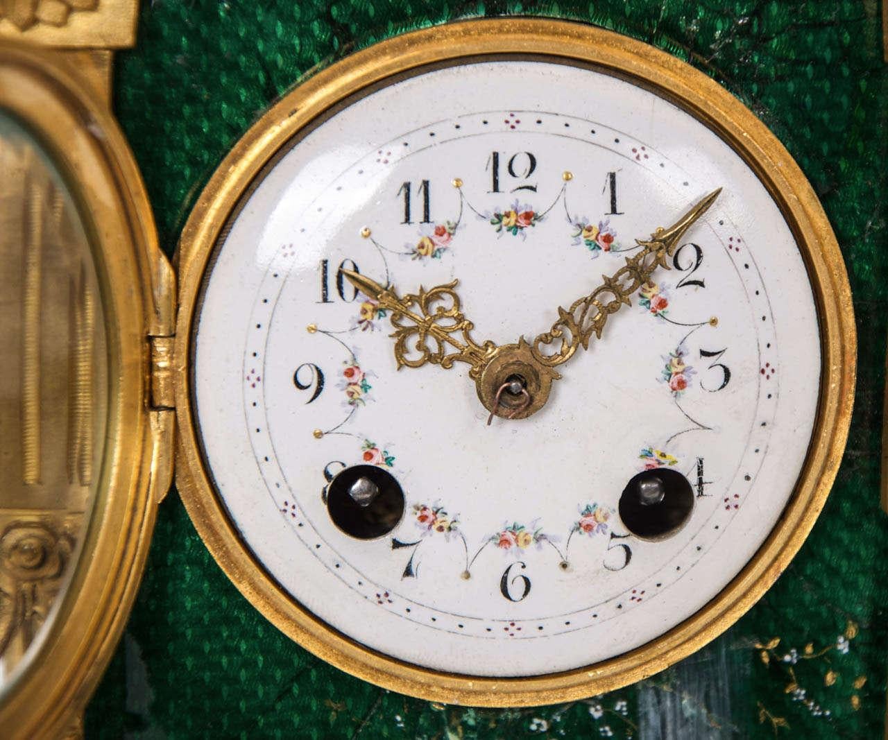A Louis XVI Style Gilt-Bronze and Green Enamel Mantel Clock, Circa 1890 For Sale 3
