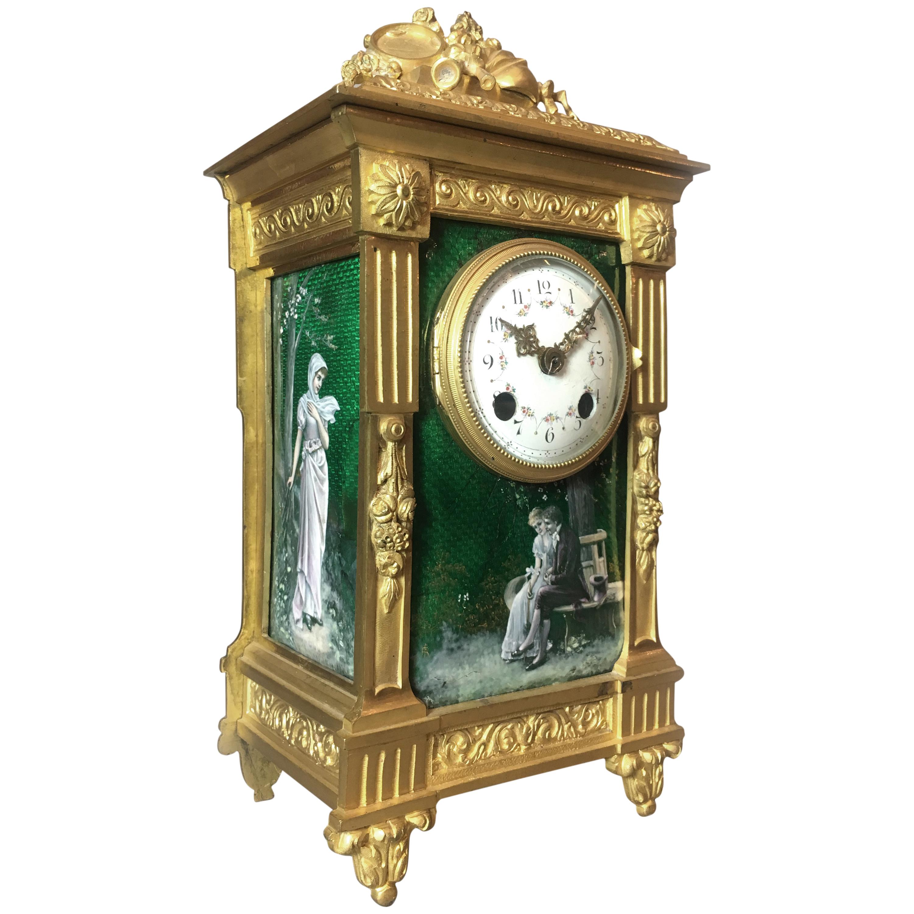 A Louis XVI Style Gilt-Bronze and Green Enamel Mantel Clock, Circa 1890