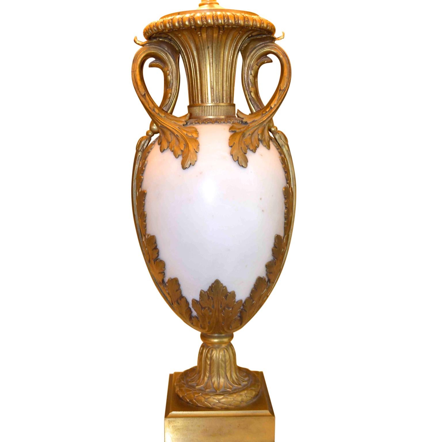 French Louis XVI Style Gilt Bronze and White Marble Vase Turned into a Lamp For Sale