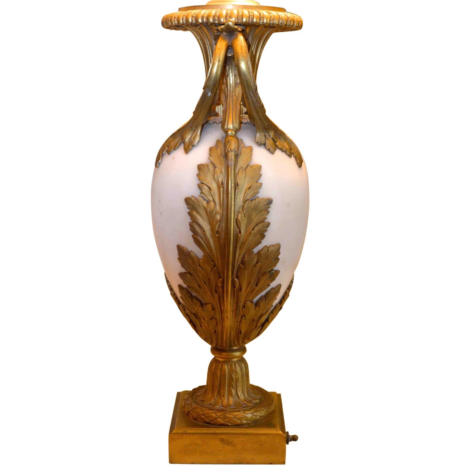 Cast Louis XVI Style Gilt Bronze and White Marble Vase Turned into a Lamp For Sale